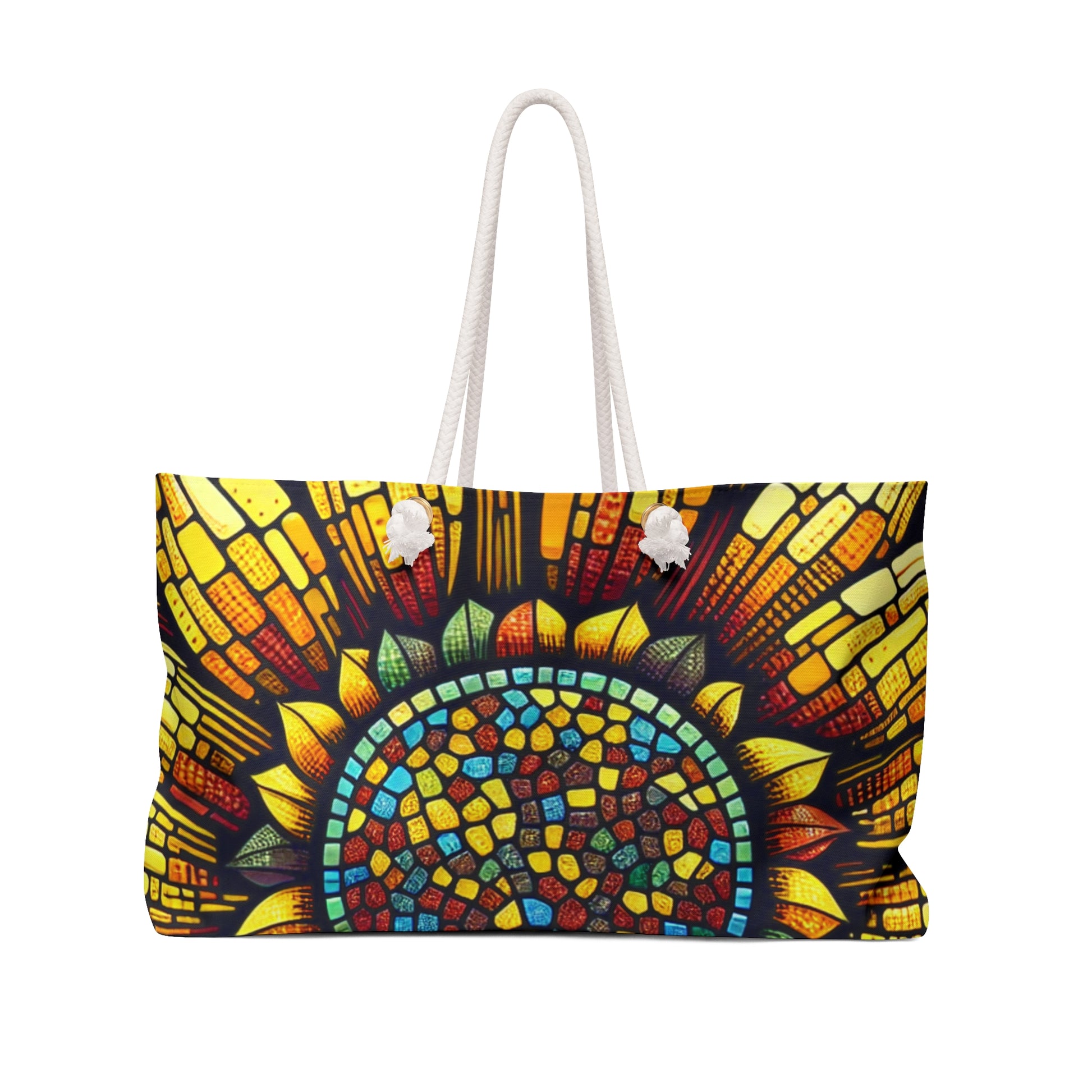 Vibrant Mosaic Sunflower Weekender Bag, Carryall Carry-On Travel Bag, Beach Bag, Overnight Tote, Floral Gift Handbag