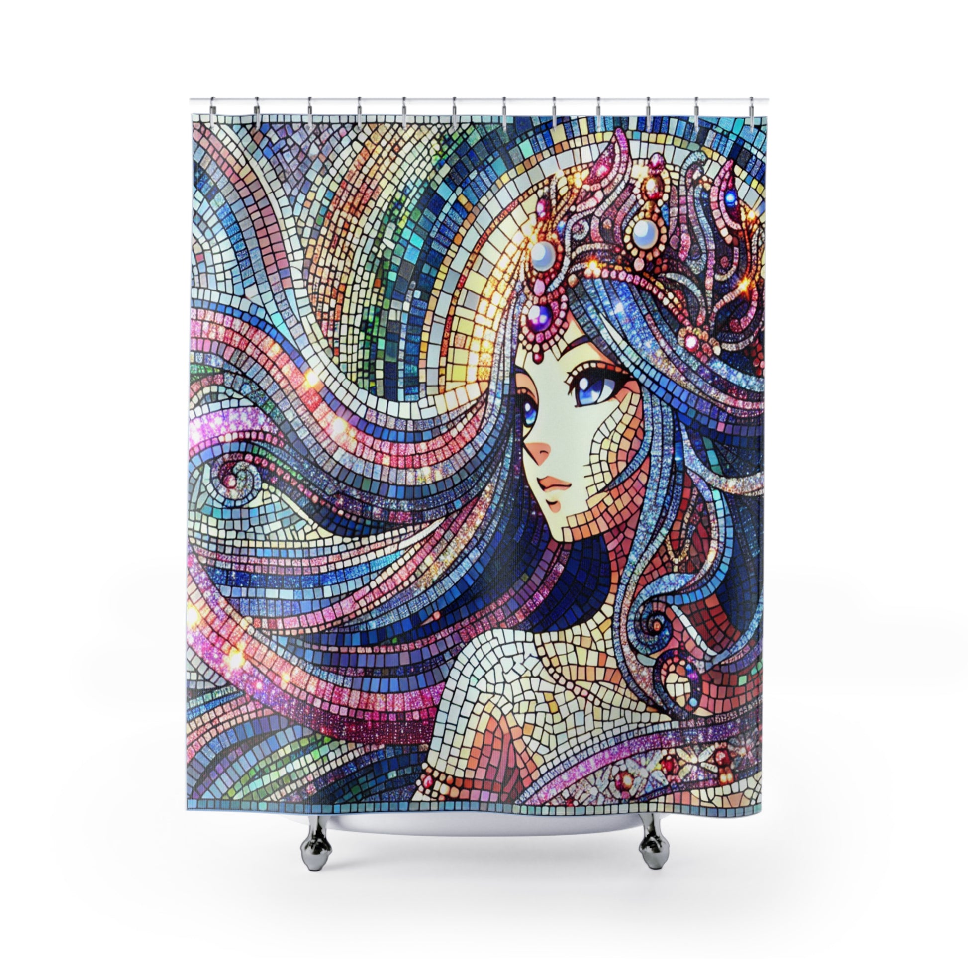 Vibrant Mosaic Shower Curtains, Divine Feminine Goddess Queen, Dreamy Visionary Bathroom Decor, Gift for Anime Lovers