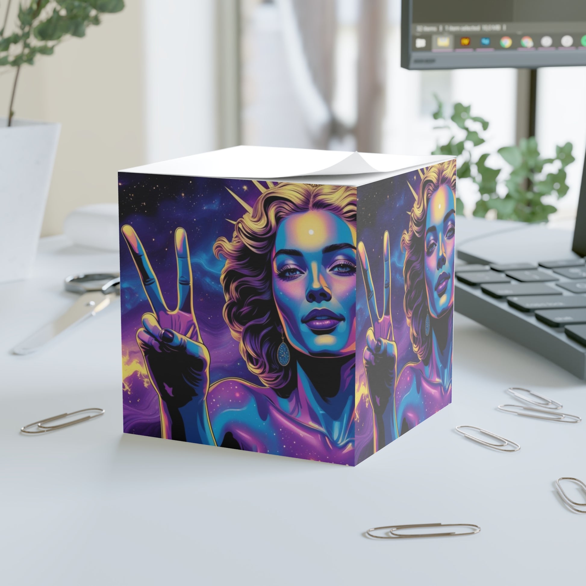 Galactic Vibes Note Cube, Inspirational Desk Organizer, Space Artwork Stationery, Cosmic Gift for Dreamers, Unique Office Decor