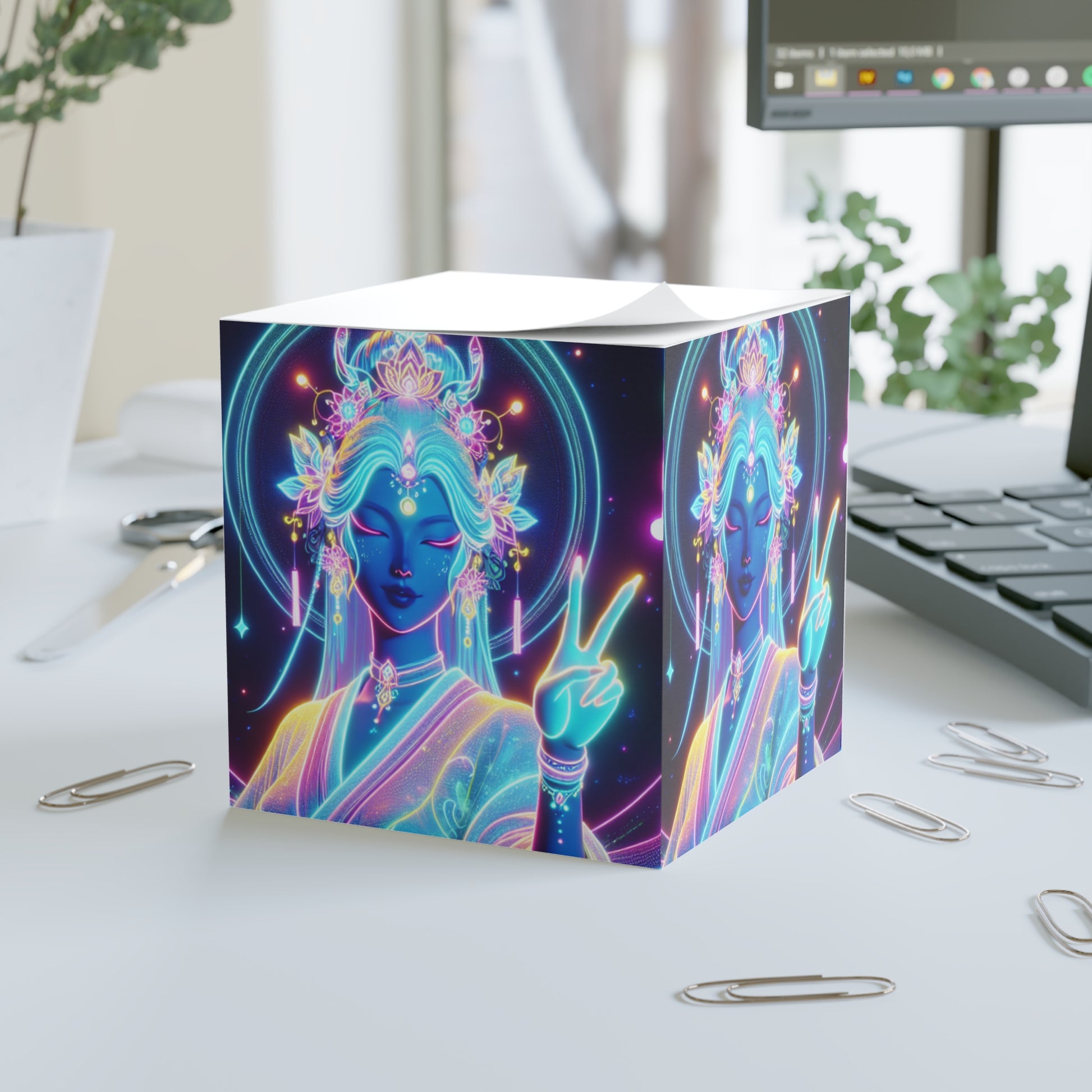 Neon Goddess Note Cube, Inspirational Desk Decor, Gift for Students, Zen Home Office Accessory, Cosmic Art Supplies