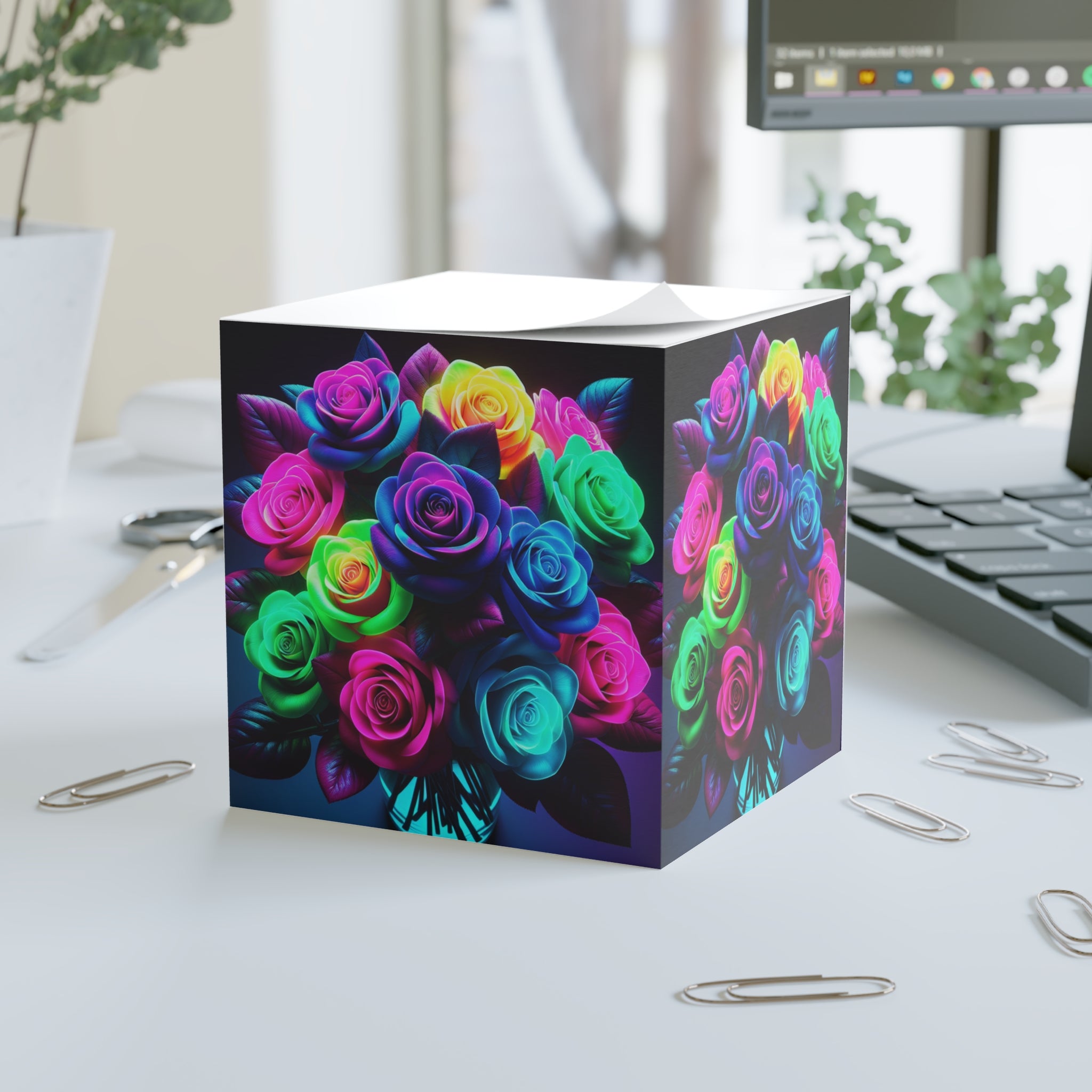 Vibrant Flower Note Cube - Colorful Rose Sticky Notes, Office Desk Decor, Gift for Flower Lovers, Home Organization