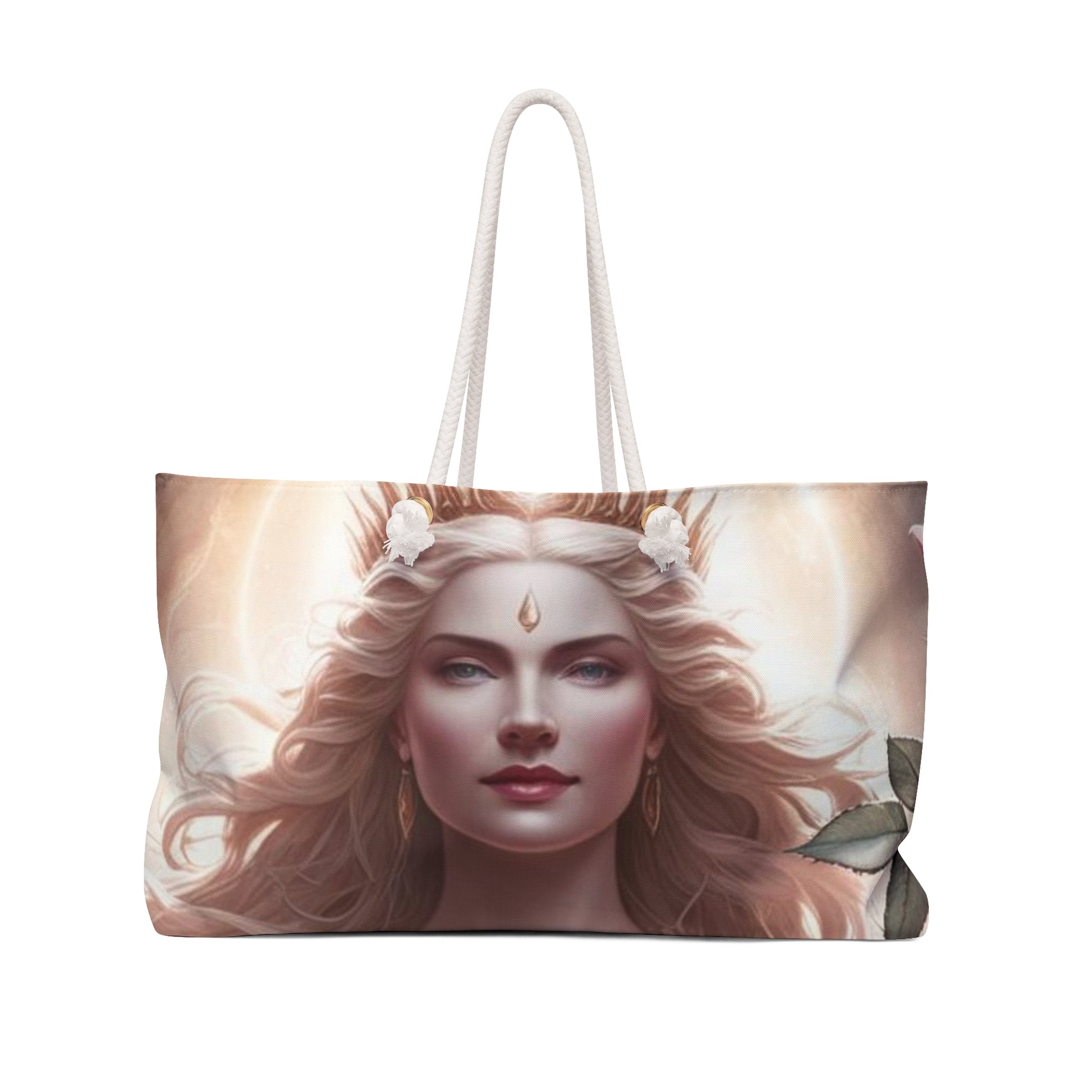 Divine Rose Goddess-Themed Weekender Bag, Boho Carryall Carry-On Tote for Travel, Spiritual Gift, Yoga Style, Beach Bag, Goddess Art Design