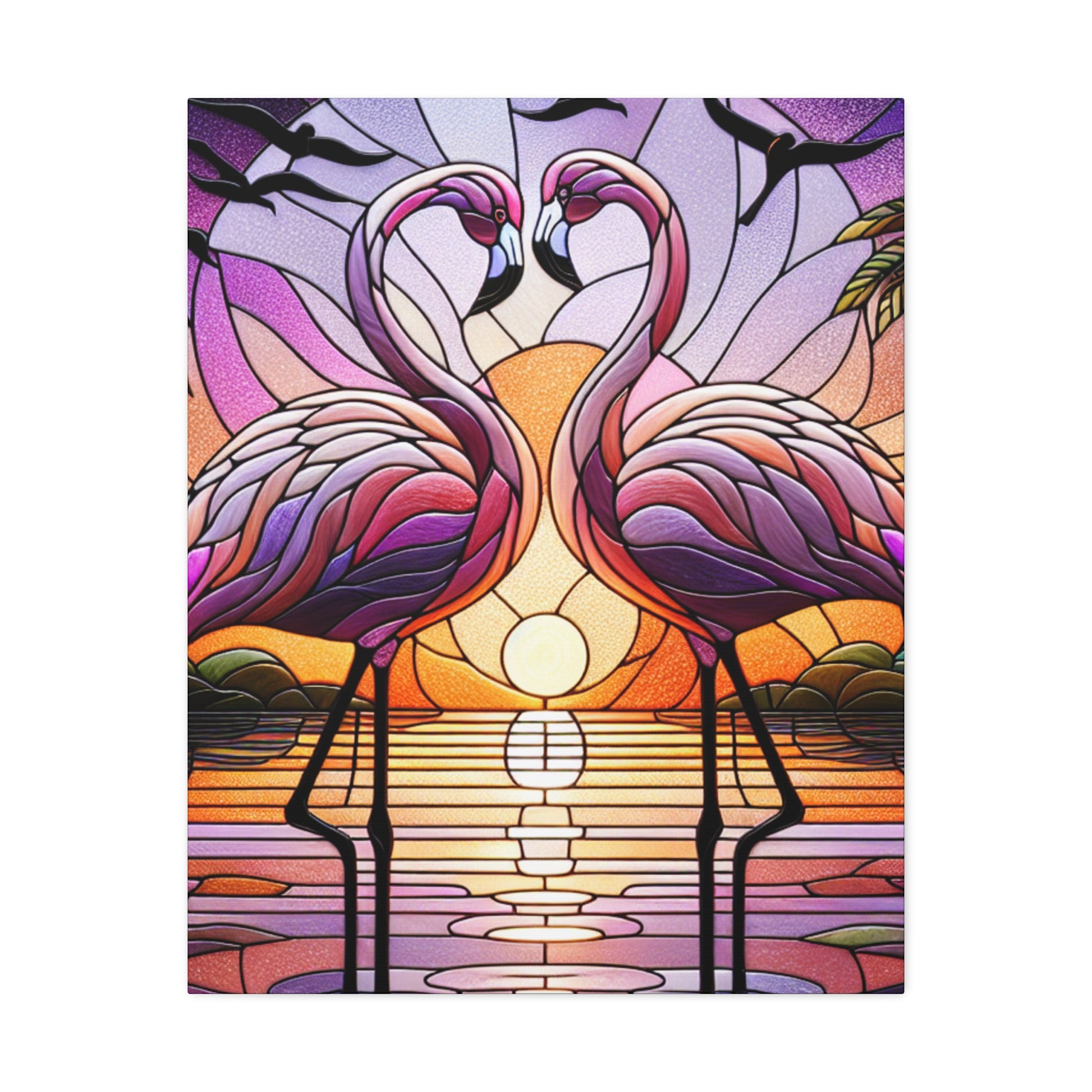 Romantic Flamingo Wall Art Canvas, Stained Glass Decor, Tropical Home Decor, Wedding Gift, Couples Art, Nature Wall Hanging