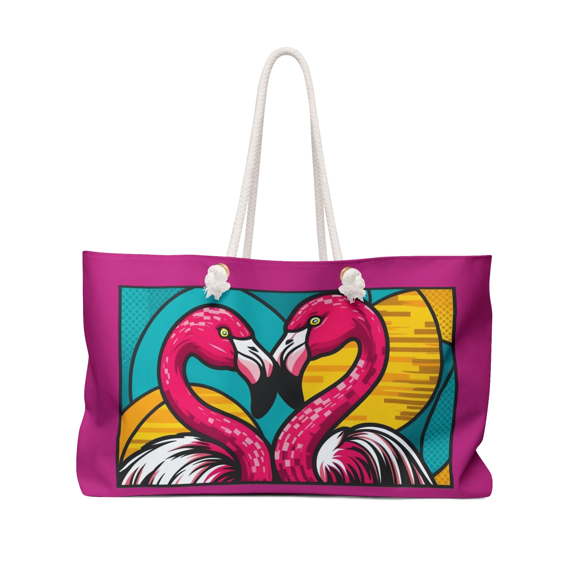 Vibrant Tropical Flamingo Pop Art Weekender Bag, Vacation Tote, Beach Bag, Travel Essentials, Gift for Her, Carryall Carry-On Tote