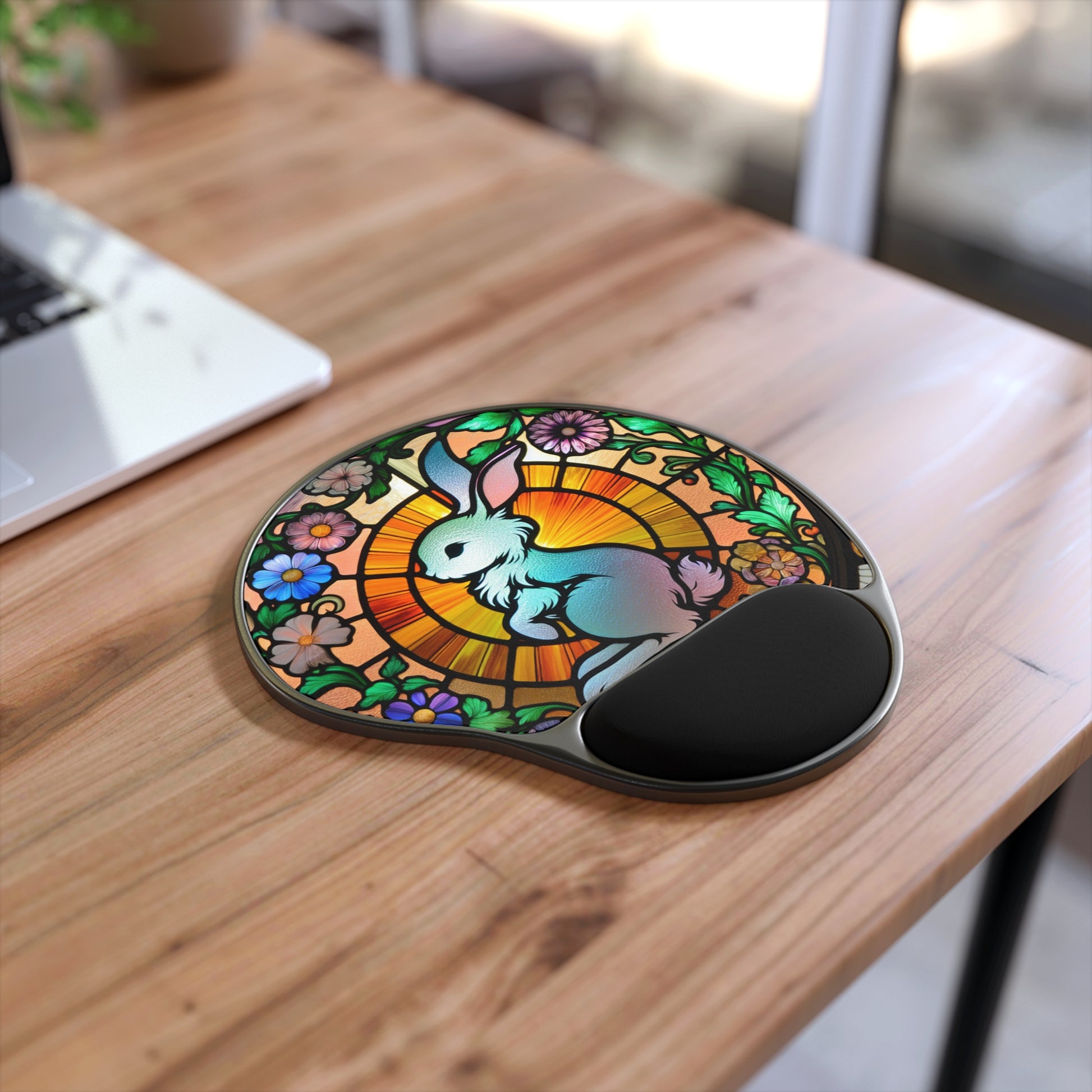Stained Glass Bunny Mouse Pad with Wrist Rest, Cute Desk Accessory, Perfect for Easter, Gifts for Students, Home Office Decor