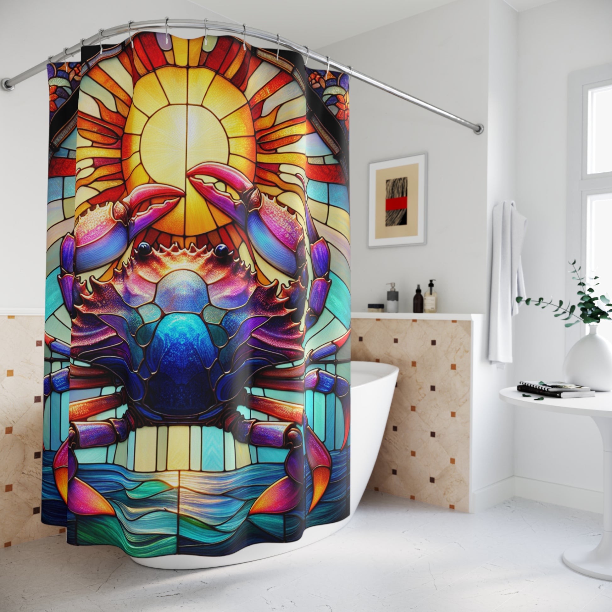 Vibrant Crab Shower Curtain, Stained Glass Bathroom Decor, Nautical Theme, Coastal Gift, Beach House Accent