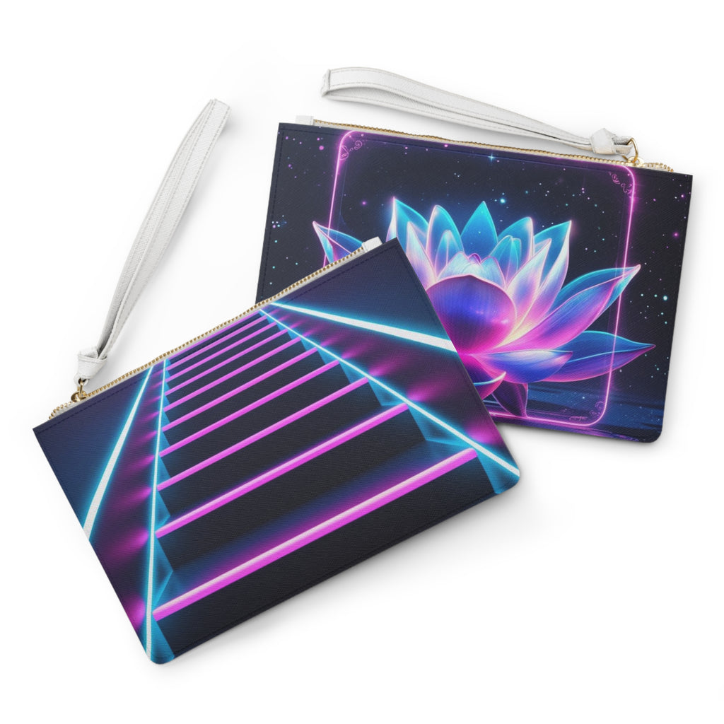Enchanting Clutch Bag with Neon Staircase and Lotus Designs, Perfect for Nights Out, Parties, and Everyday Chic