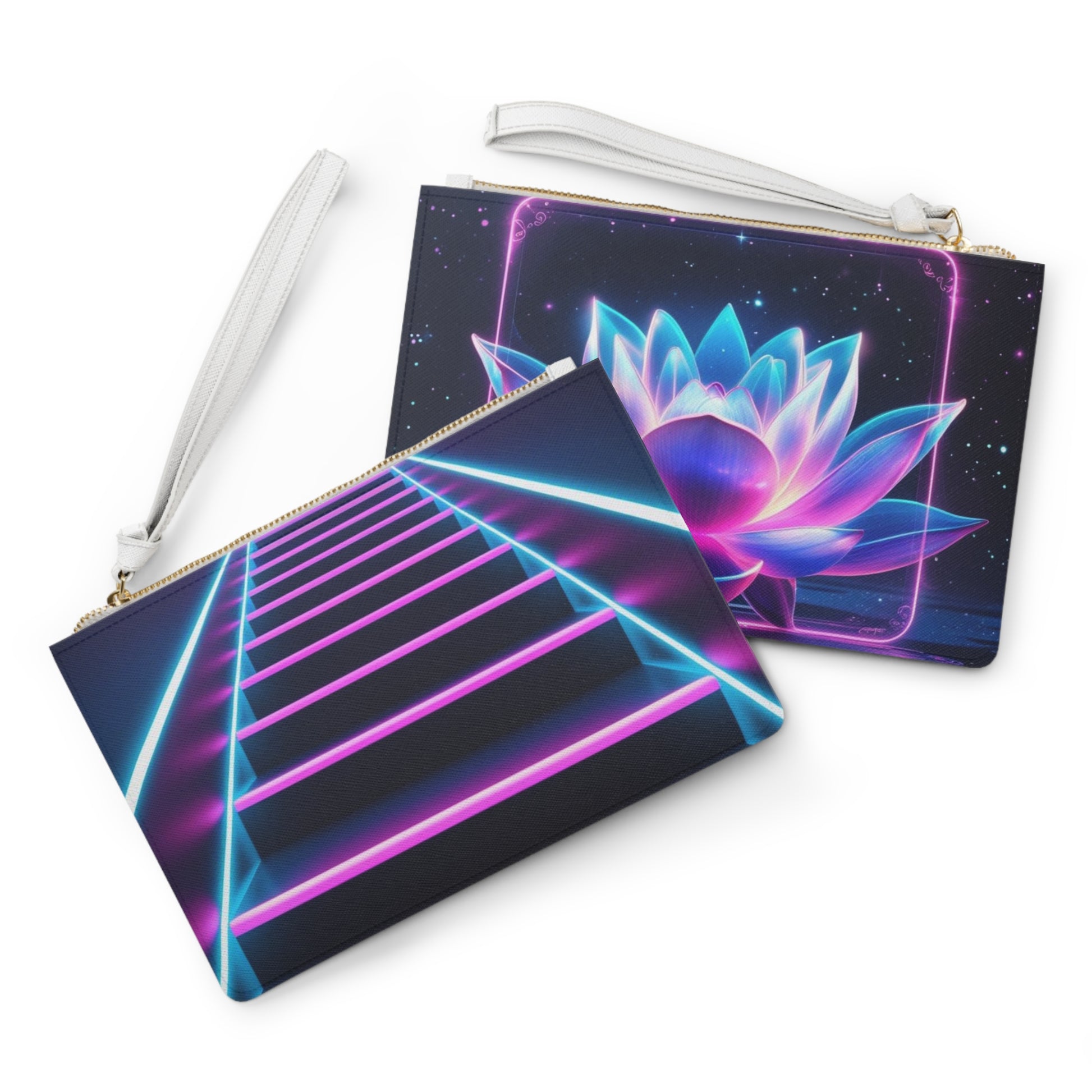 Enchanting Clutch Bag with Neon Staircase and Lotus Designs, Perfect for Nights Out, Parties, and Everyday Chic