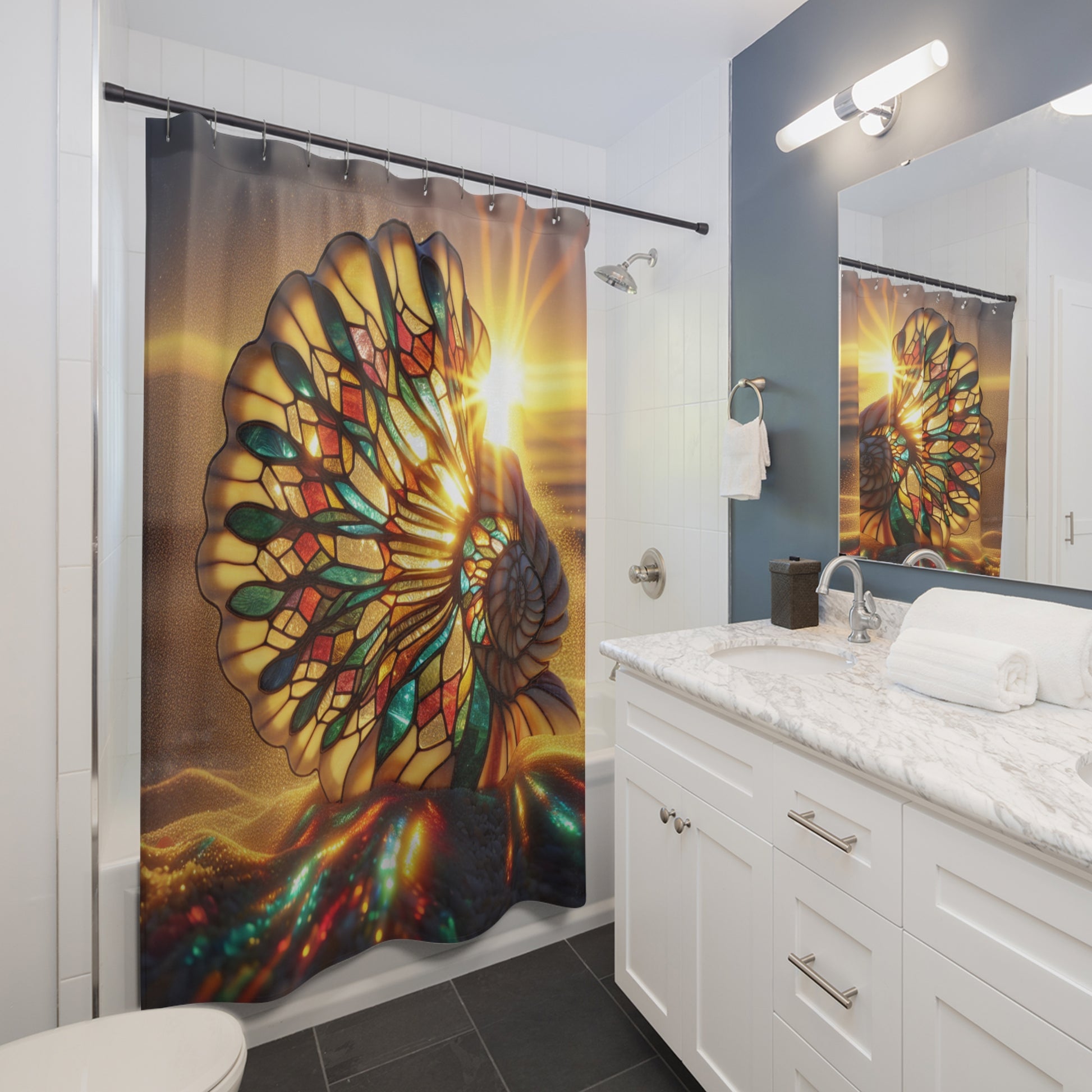 Stained Glass Shell Shower Curtain with Sunset Glow, Coastal Bathroom Decor, Nautical Theme, Home Spa, Beach House Accent