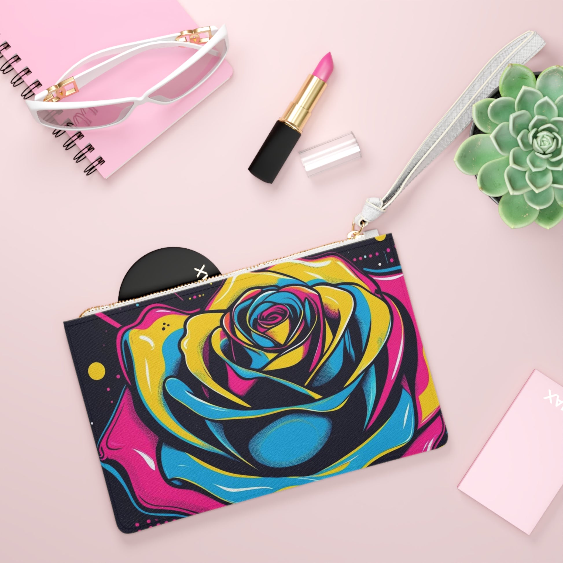 Vibrant Art Clutch Bag - Retro Route 66, Colorful Portrait, Travel Accessory, Festival Essential, Chic Evening Handbag