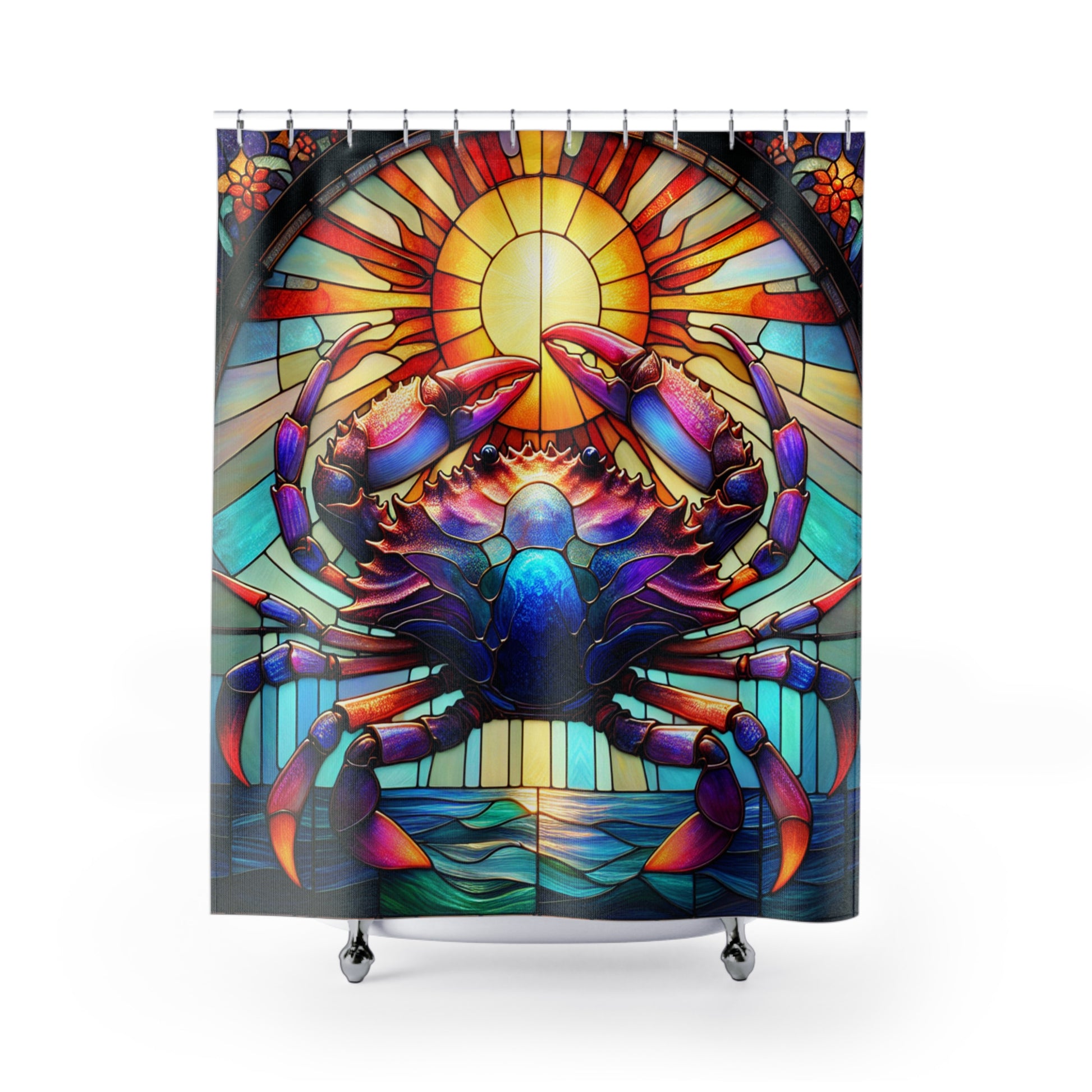 Vibrant Crab Shower Curtain, Stained Glass Bathroom Decor, Nautical Theme, Coastal Gift, Beach House Accent