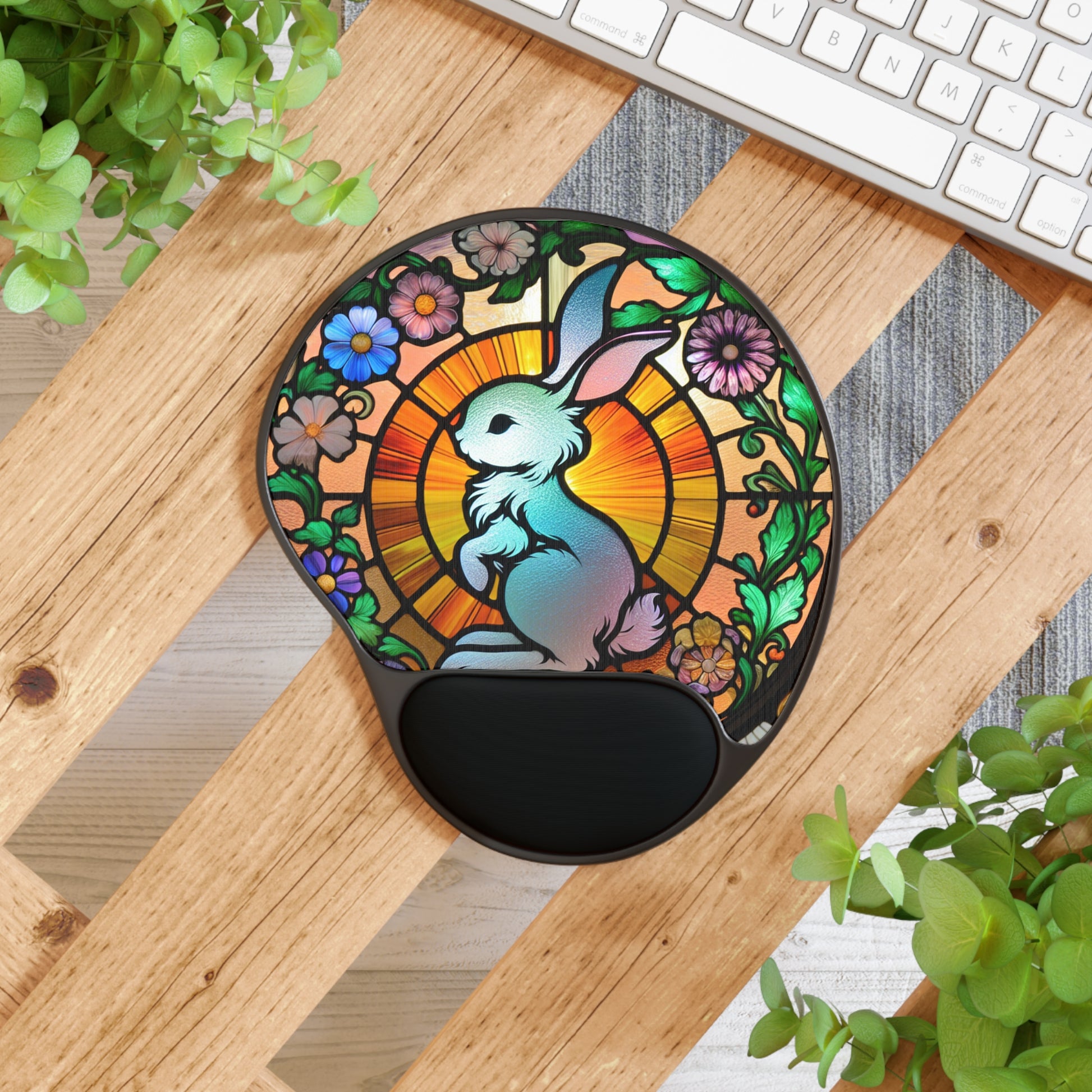 Stained Glass Bunny Mouse Pad with Wrist Rest, Cute Desk Accessory, Perfect for Easter, Gifts for Students, Home Office Decor