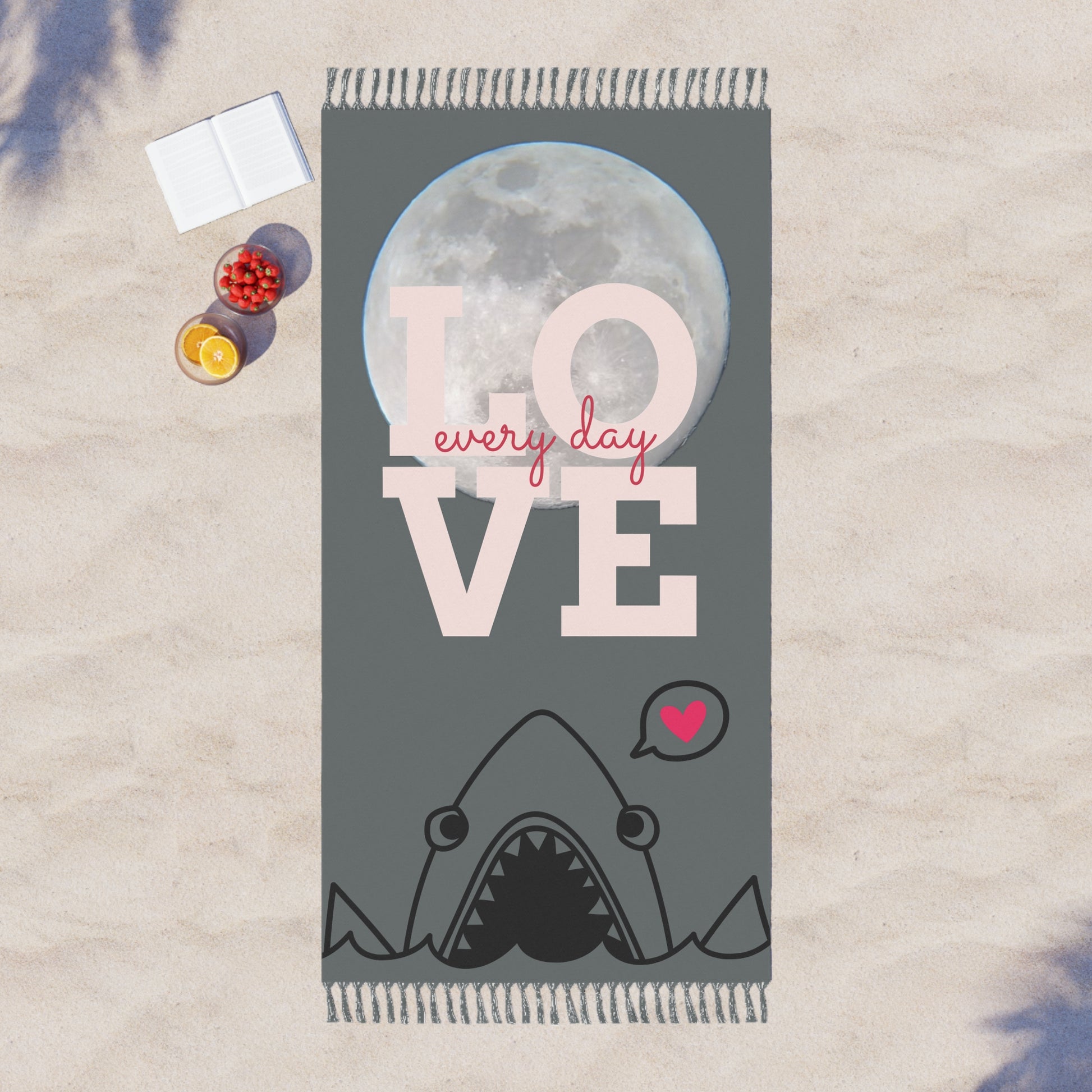 Shark Love Bite Beach Towel, Love & Moon Themed Boho Beach Vibes, Perfect for Summer, Love Every Day, Ideal for Picnics, Pool Parties, Gifts