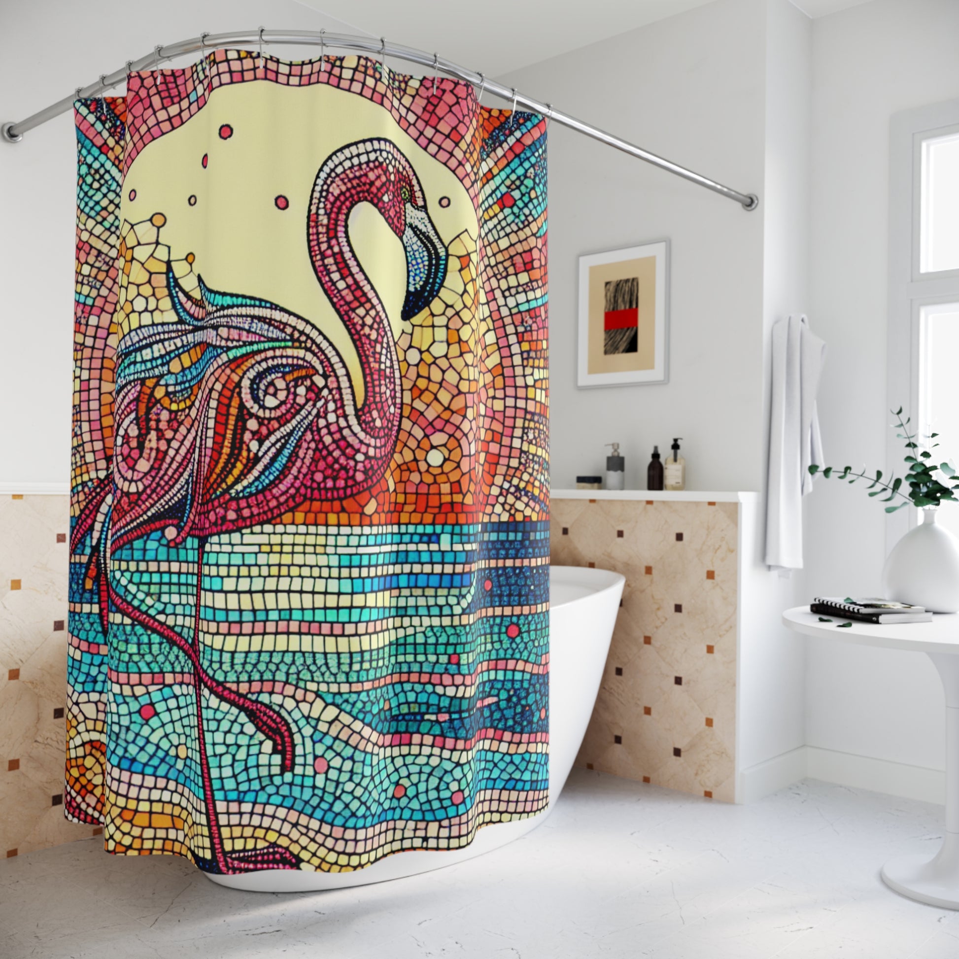 Vibrant Flamingo Shower Curtain, Boho Bathroom Decor, Beach Vibe Home Accessory, Unique Gift Idea for Nature Lovers, Colorful Mosaic Art