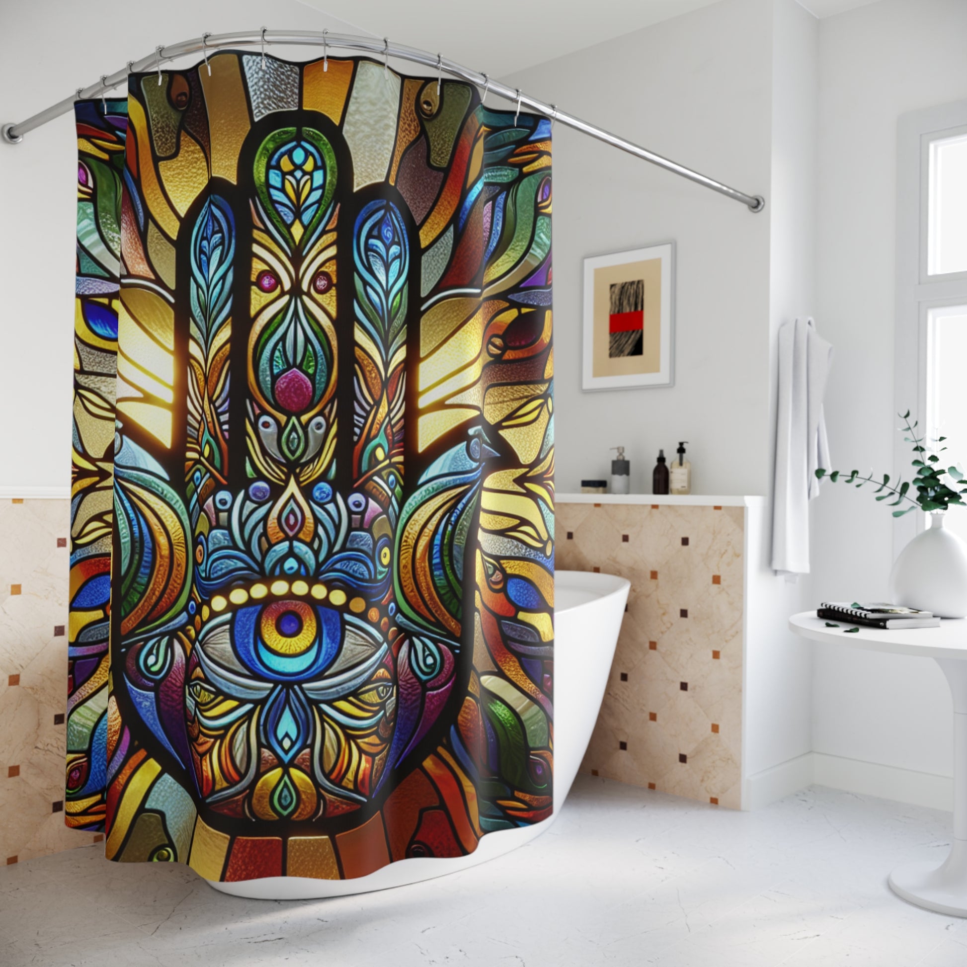 Vibrant Stained Glass Shower Curtain, Bohemian Home Decor, Eye-Catching Bathroom Accent, Unique Gift, Hamsa Design