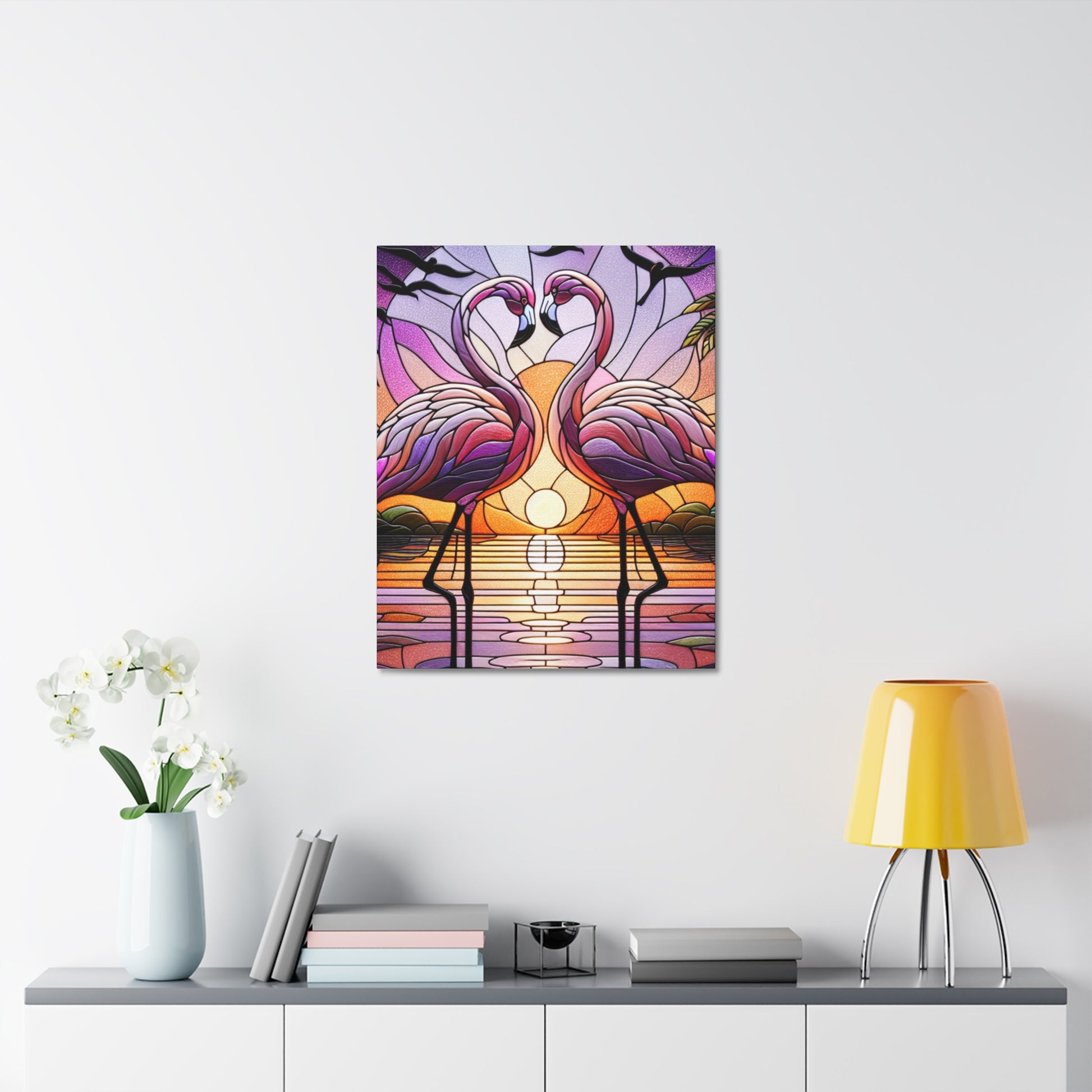 Romantic Flamingo Wall Art Canvas, Stained Glass Decor, Tropical Home Decor, Wedding Gift, Couples Art, Nature Wall Hanging