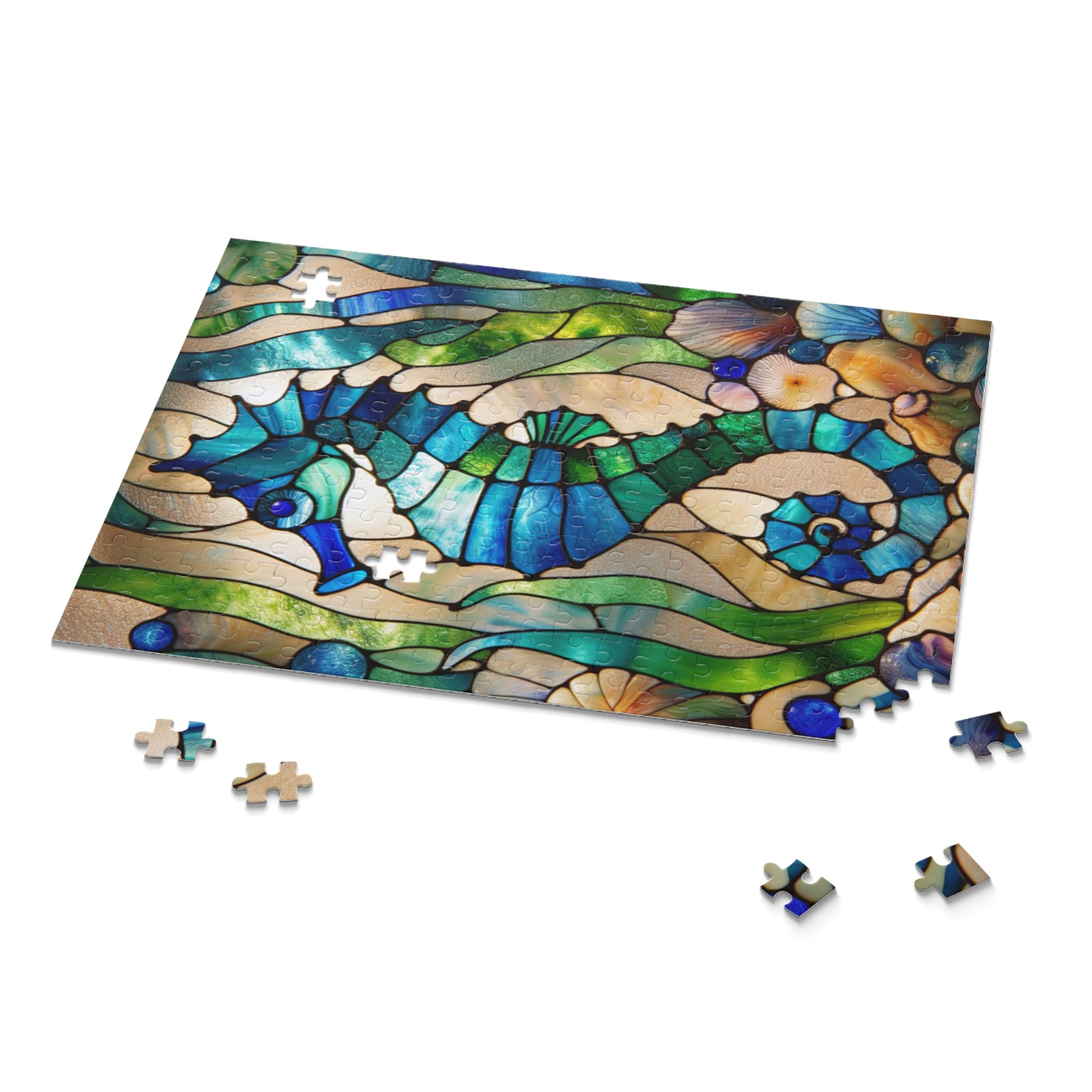 Stained Glass Seahorse Puzzle, Ocean Art, 120-500 Piece Jigsaw, Nautical Decor, Gift for Marine Life Lovers, Home Entertainment