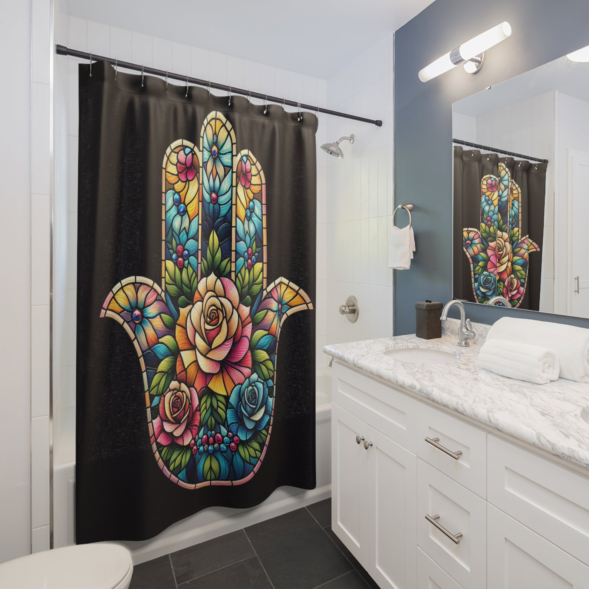 Stained Glass Hamsa Shower Curtain, Bohemian Bathroom Decor, Artisan Bathroom Upgrade, Unique Home Gift, Spiritual Wall Art