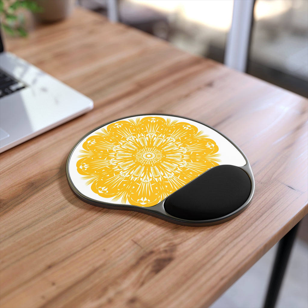 Bright Floral Mouse Pad with Wrist Rest, Ergonomic Desk Accessory, Office Gift, Gamer Mousepad, Yellow Mandala Design