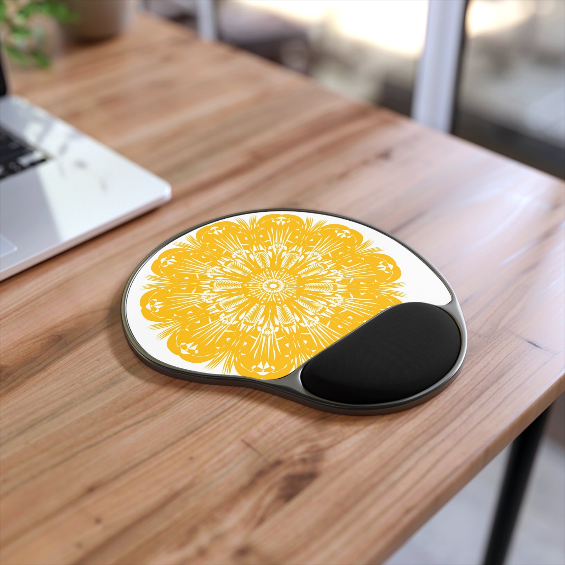 Bright Floral Mouse Pad with Wrist Rest, Ergonomic Desk Accessory, Office Gift, Gamer Mousepad, Yellow Mandala Design