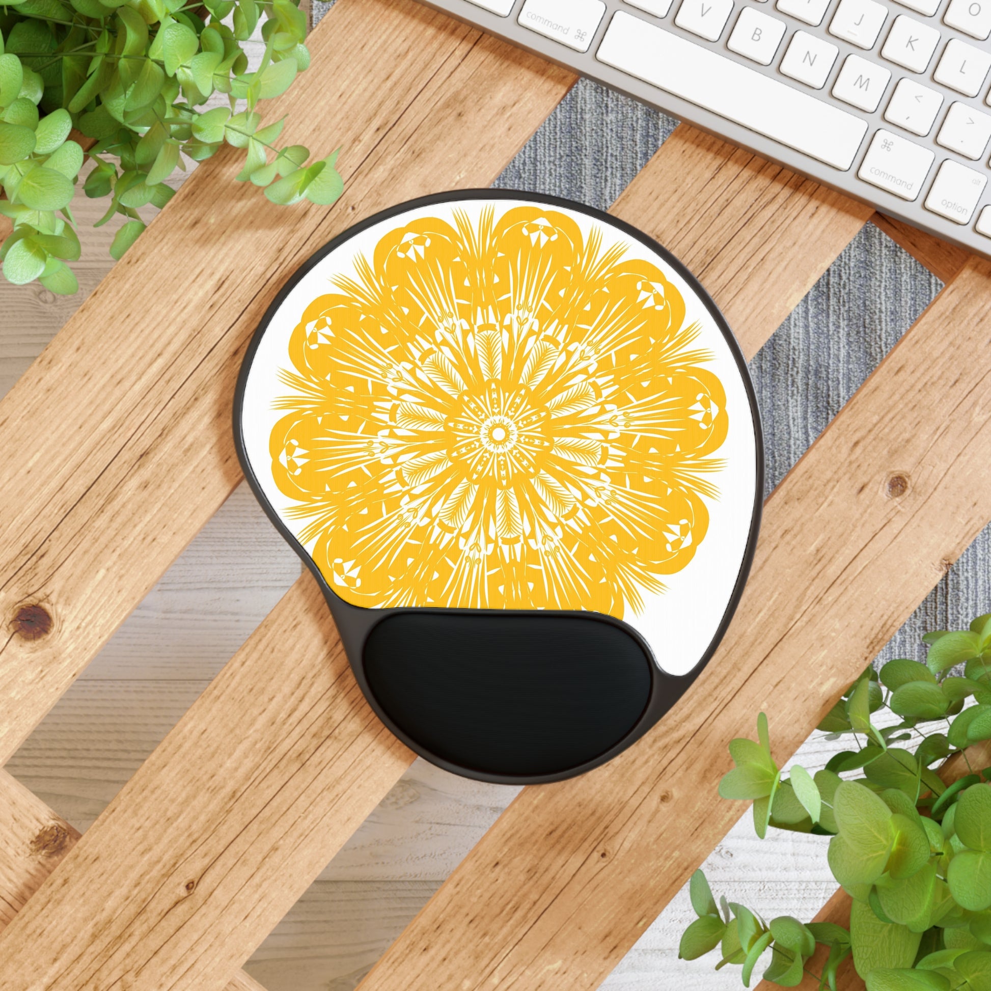 Bright Floral Mouse Pad with Wrist Rest, Ergonomic Desk Accessory, Office Gift, Gamer Mousepad, Yellow Mandala Design
