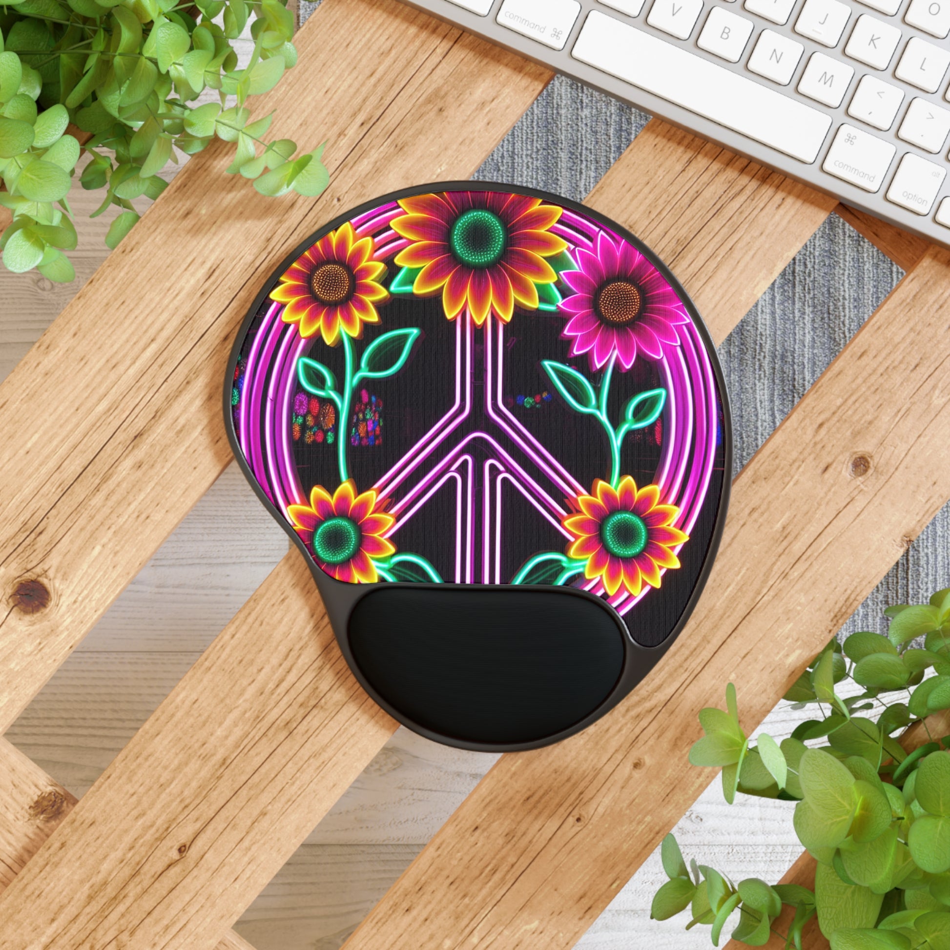 Colorful Peace Sign Mouse Pad with Wrist Rest, Floral Desk Accessory, Computer Gift for Students, Vibrant Office Decor, Peaceful Workspace