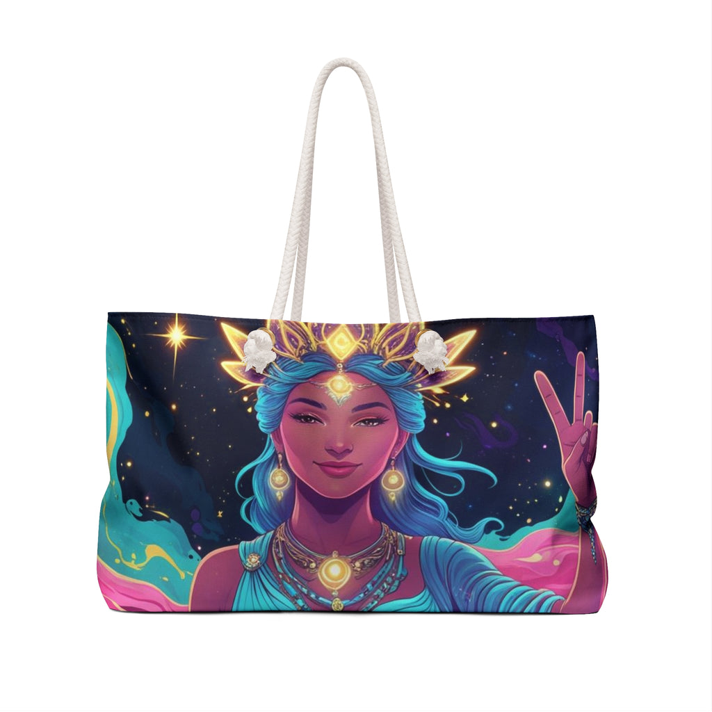 Cosmic Goddess Weekender Bag, Tote for Travel, Yoga, Beach, Festival, Empowerment Gift, Celestial Art Carryall, Carryon Gift for Her
