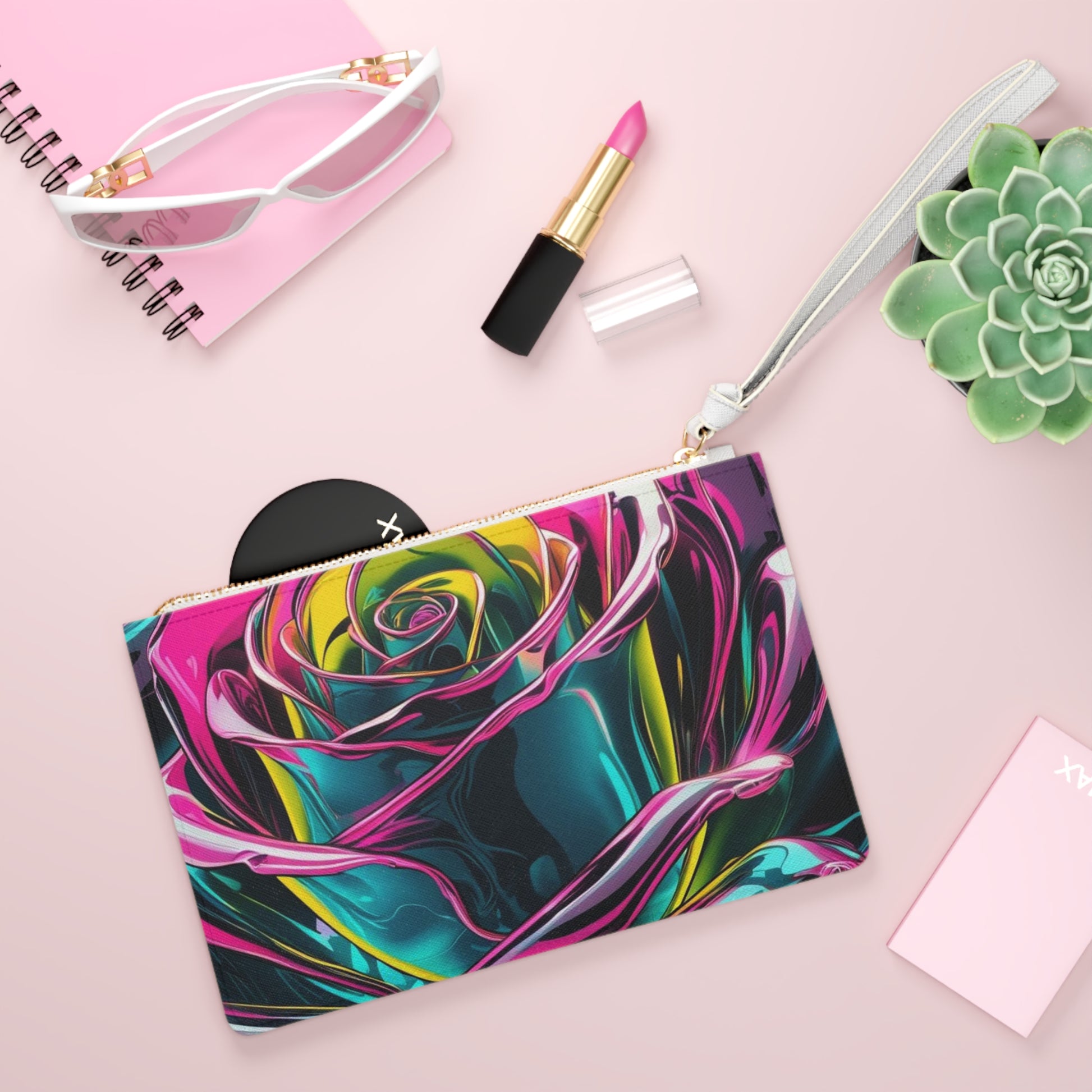 Chic Floral Clutch Bag, Colorful Rose Pouch, Unique Makeup Bag, Stylish Wristlet, Versatile Evening Purse, Gift for Her