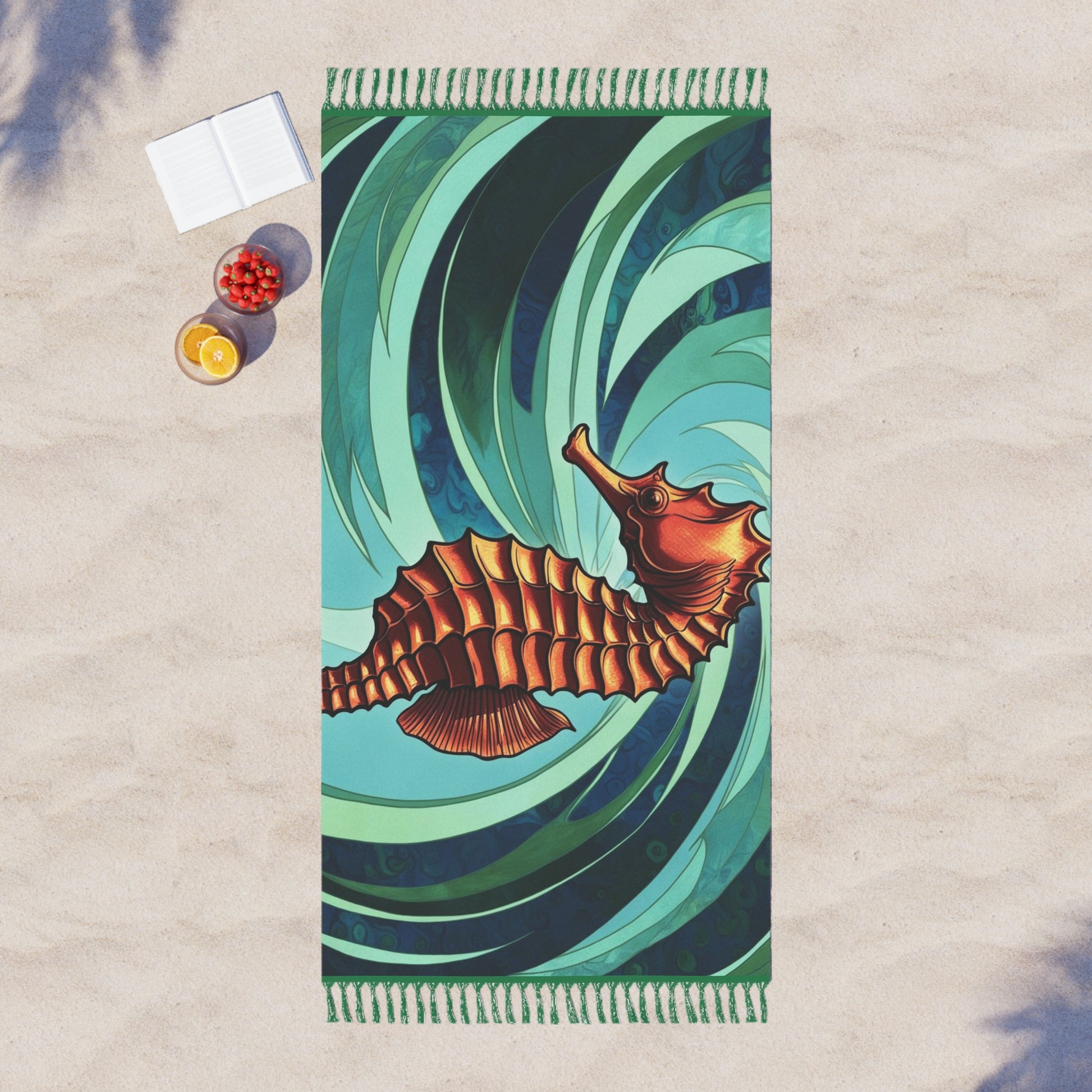 Boho Beach Towel with Seahorse Design, Bohemian Tanning Cloth, Summer Beach Accessory, Vibrant Poolside Towel, Nautical Gift Idea