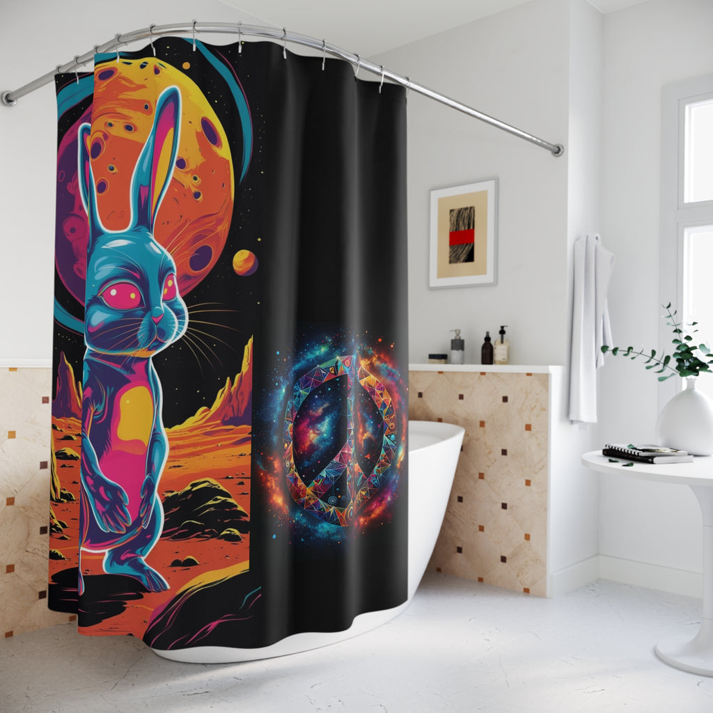 Vibrant Space Bunny Shower Curtain, Fun Bathroom Decor, Kids Room Accent, Unique Gift, Cosmic Art, 70s Retro Vibe