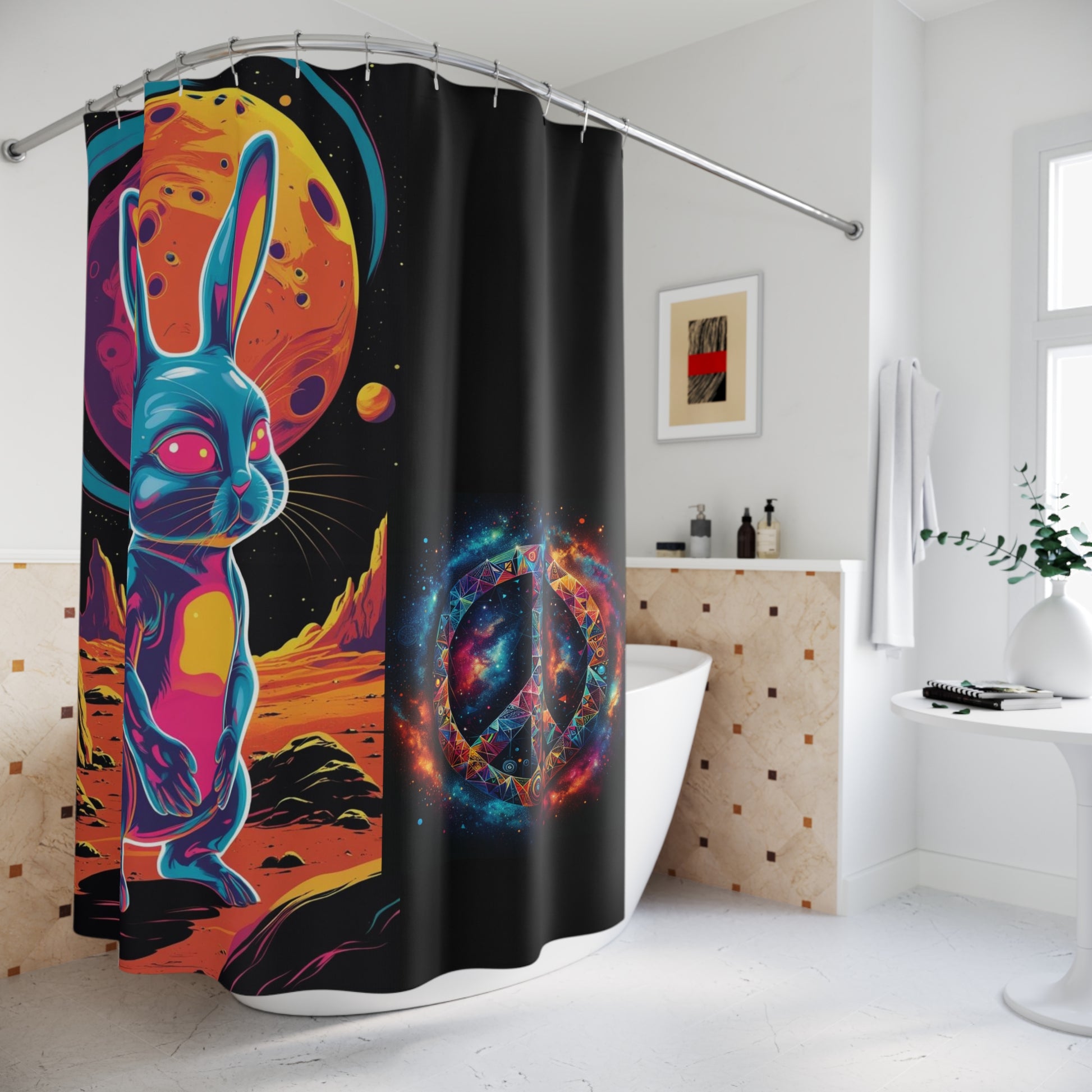 Vibrant Space Bunny Shower Curtain, Fun Bathroom Decor, Kids Room Accent, Unique Gift, Cosmic Art, 70s Retro Vibe