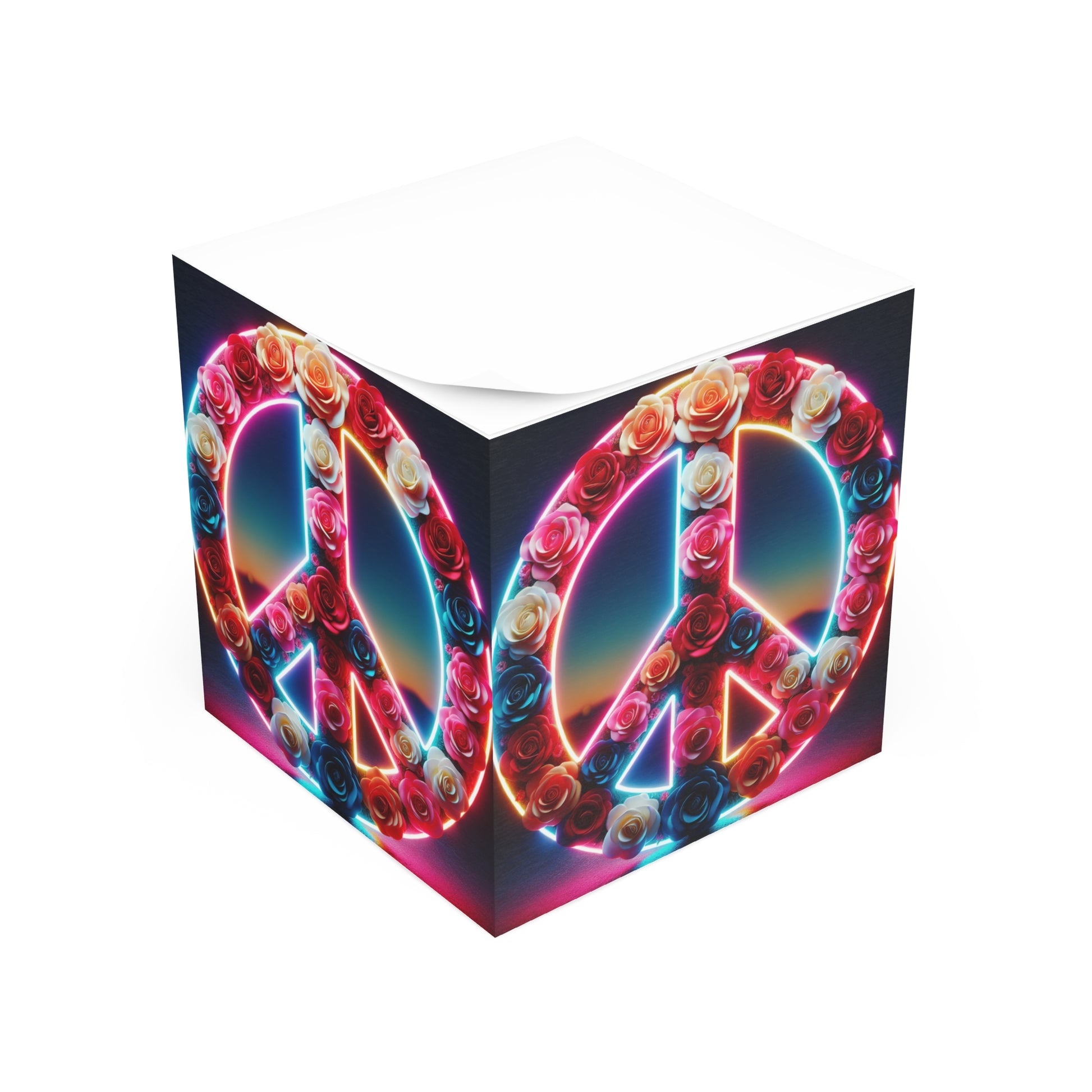 Neon Peace Sign Note Cube, Floral Notepad, Desk Organizer, Gift for Students, Office Decor, Inspirational Stationery