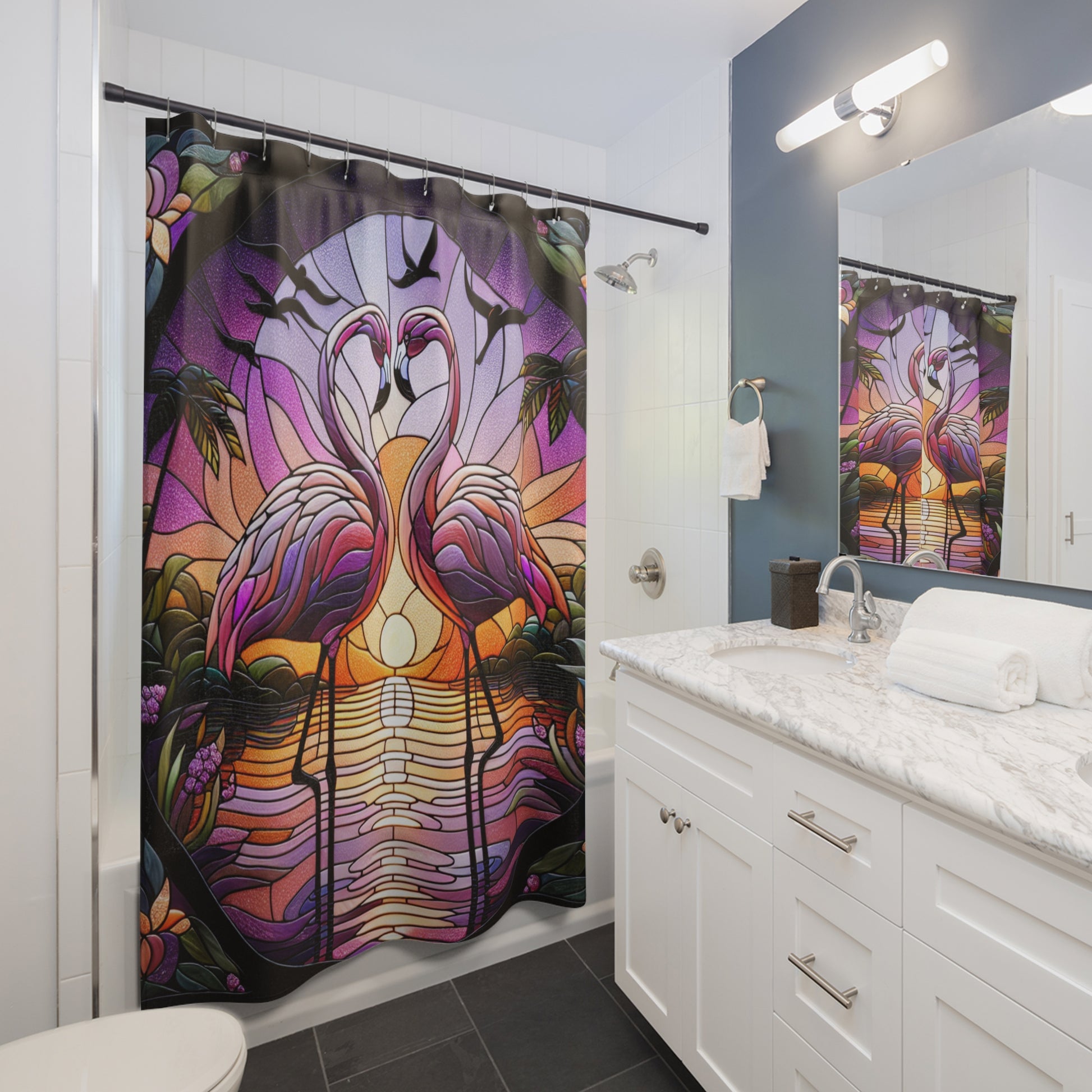 Tropical Flamingo Shower Curtain, Bohemian Bath Decor, Beach Inspired Home Accessories, Vibrant Bathroom Art, Summer Vibes Decoration