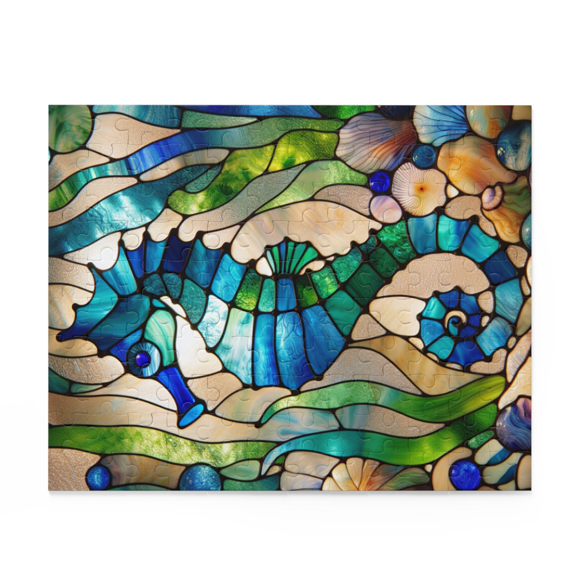 Stained Glass Seahorse Puzzle, Ocean Art, 120-500 Piece Jigsaw, Nautical Decor, Gift for Marine Life Lovers, Home Entertainment