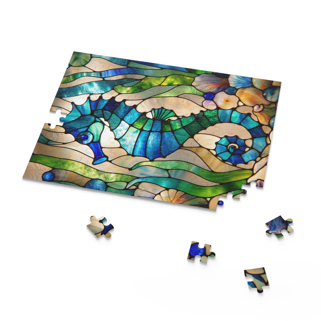 Stained Glass Seahorse Puzzle, Ocean Art, 120-500 Piece Jigsaw, Nautical Decor, Gift for Marine Life Lovers, Home Entertainment