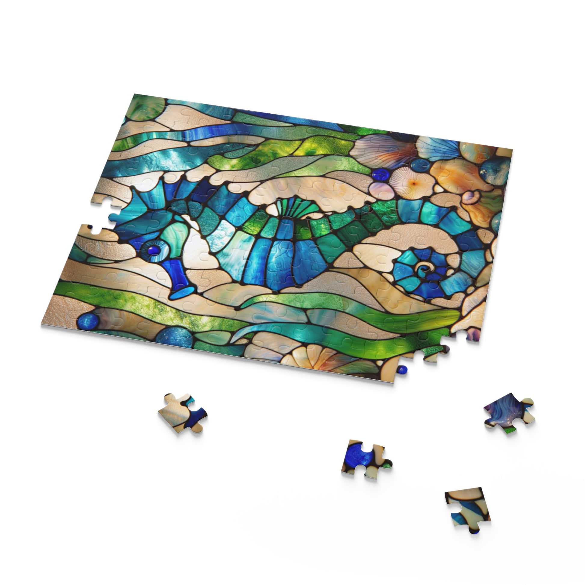 Stained Glass Seahorse Puzzle, Ocean Art, 120-500 Piece Jigsaw, Nautical Decor, Gift for Marine Life Lovers, Home Entertainment
