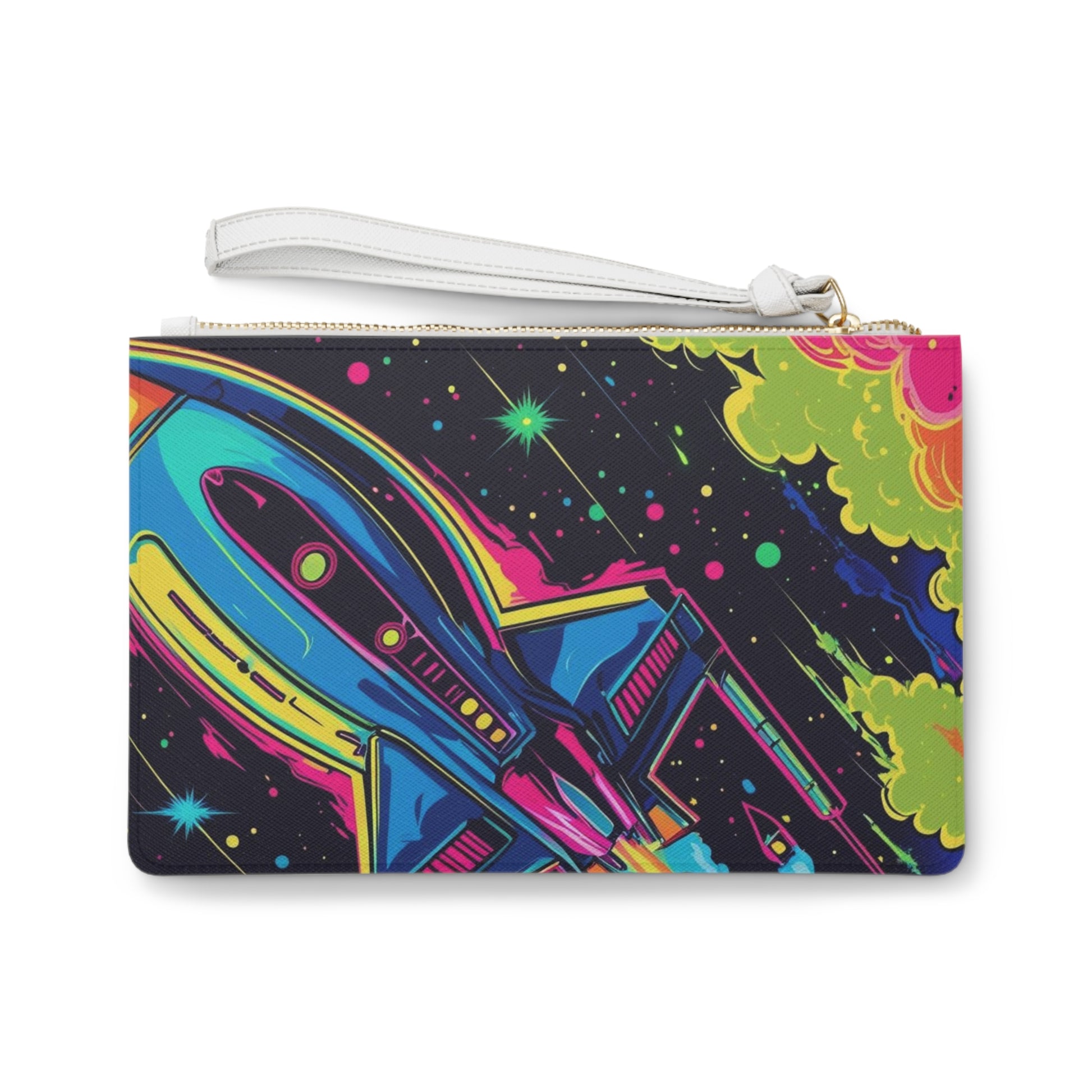 Vibrant Art Clutch Bag, Colorful Rose & Rocket Design, Unique Evening Bag, Perfect for Parties, Festivals and Gifts