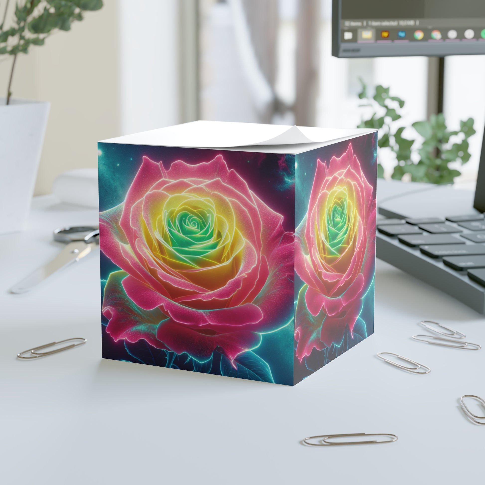 Colorful Rose Note Cube, Floral Stationery, Rainbow Design Sticky Notes, Gift for Flower Lovers, Home Office Decor