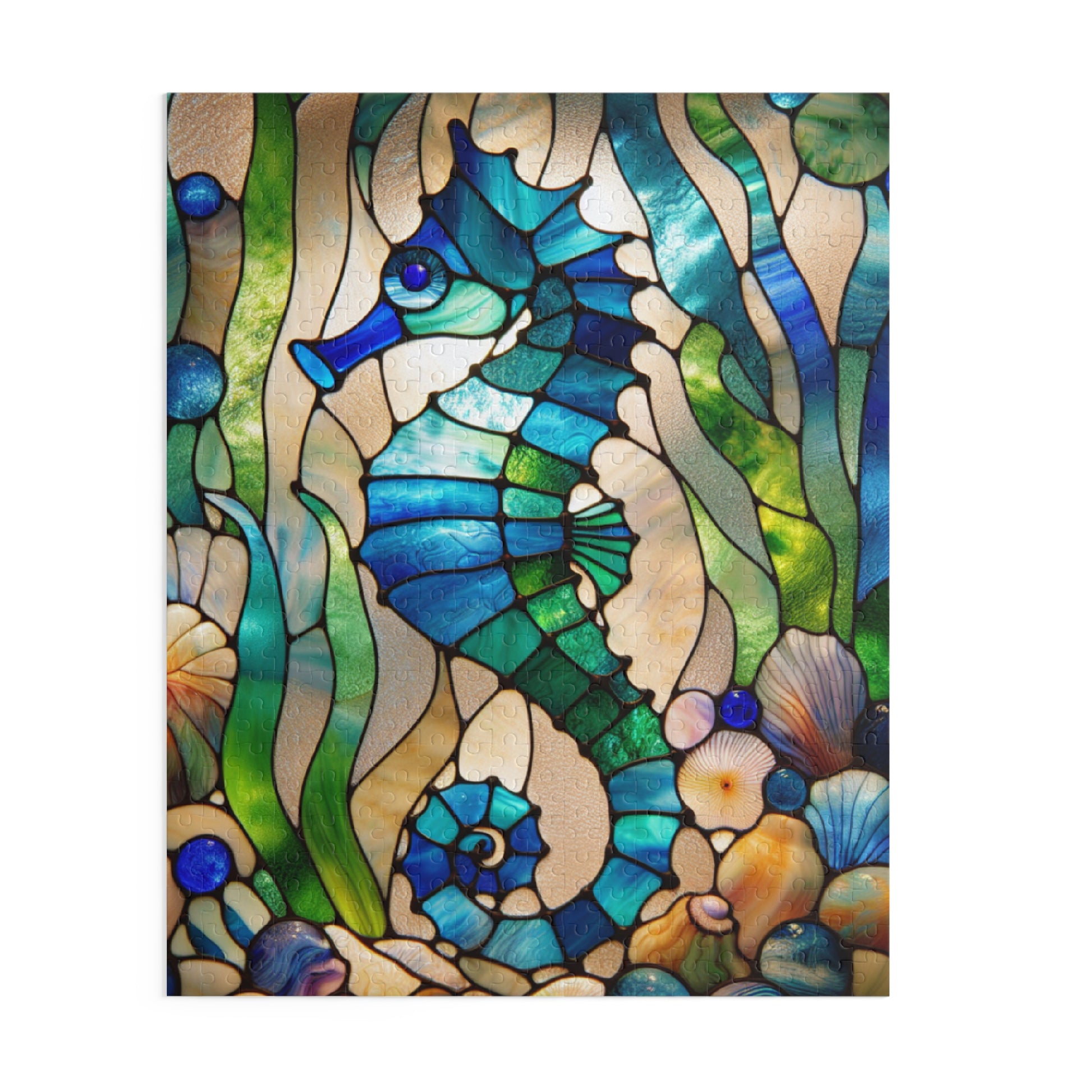Stained Glass Seahorse Puzzle, Ocean Art, 120-500 Piece Jigsaw, Nautical Decor, Gift for Marine Life Lovers, Home Entertainment