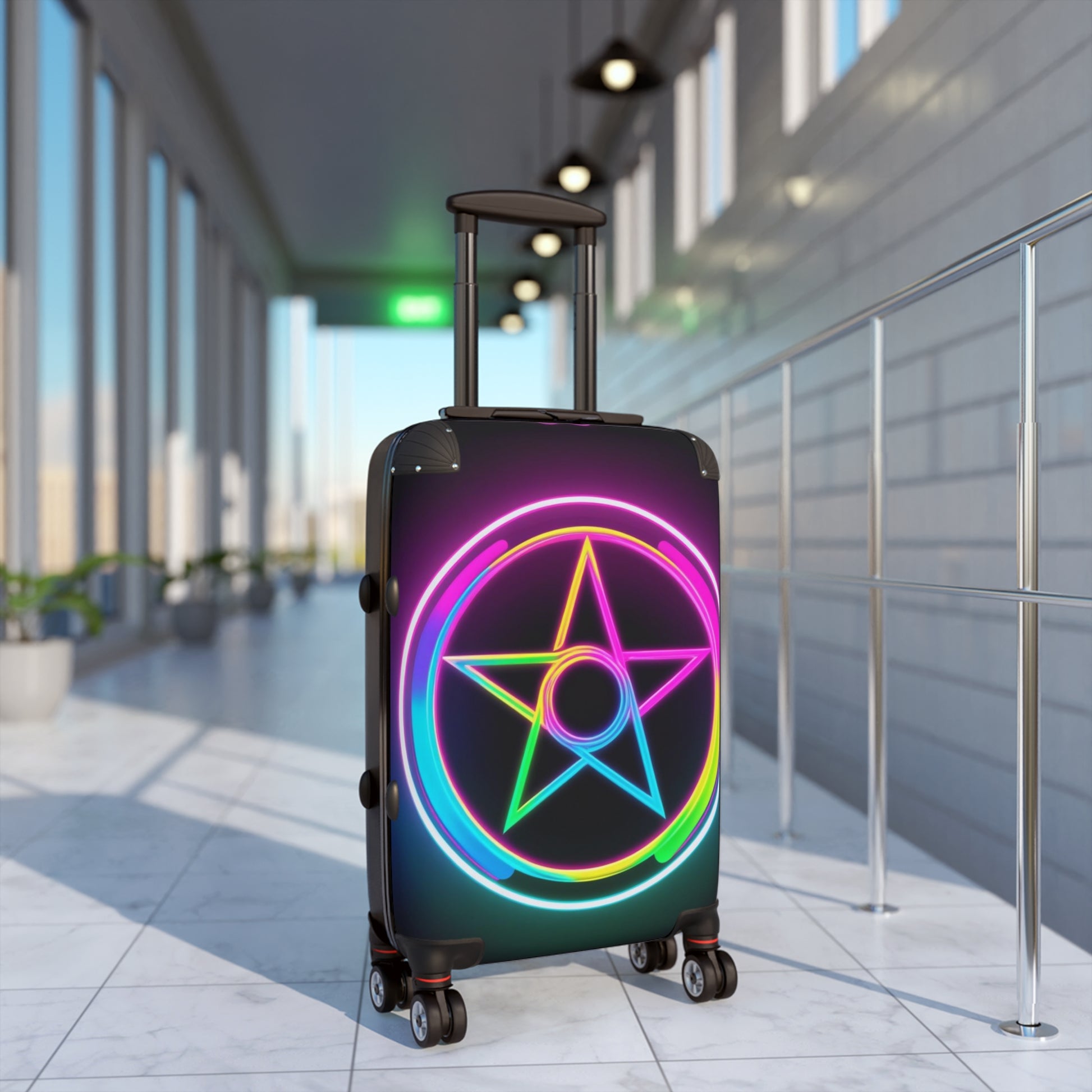 Vibrant Neon Pentagram Suitcase - Lightweight Luggage for Travelers, Carry-On Bag, Festival Gear, Halloween Travel, Unique Gifts
