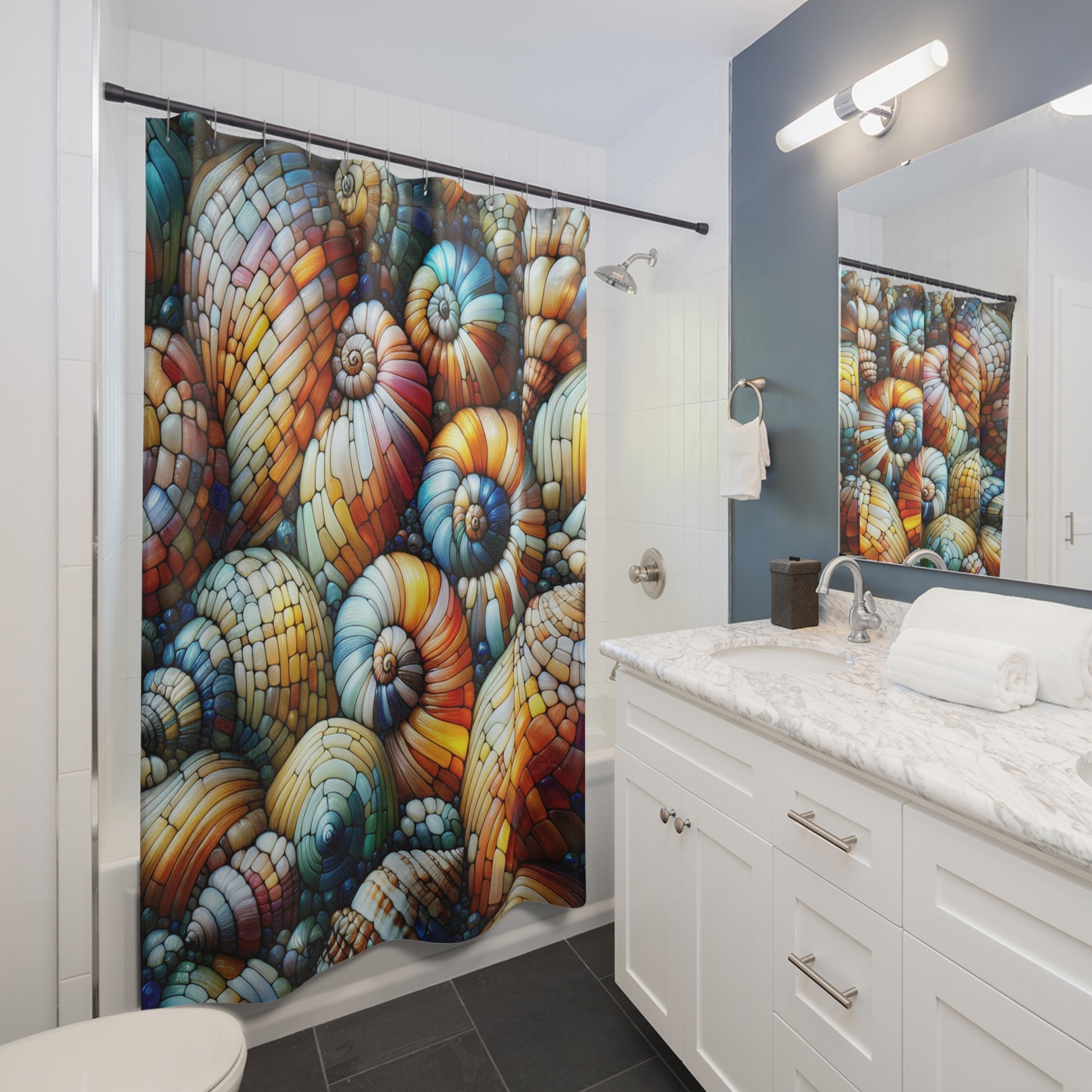 Colorful Seashell Shower Curtain, Ocean Decor, Bathroom Accessories, Nautical Theme, Coastal Home Decor, Beach House Gift