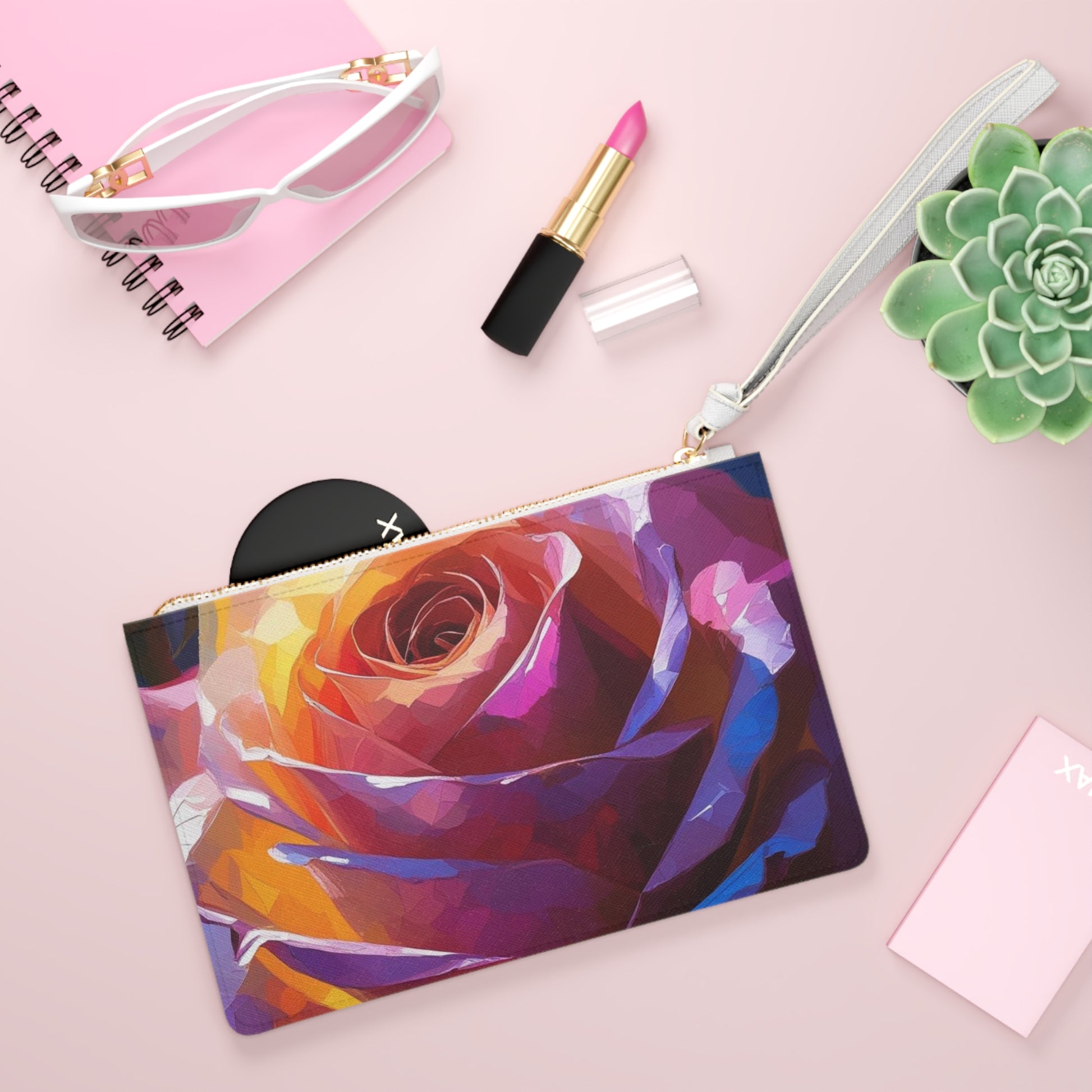 Vibrant Rose and Sunset Clutch Bag, Artistic Wristlet, Colorful Pouch, Floral Accessory, Boho Chic Gift, Everyday Carry