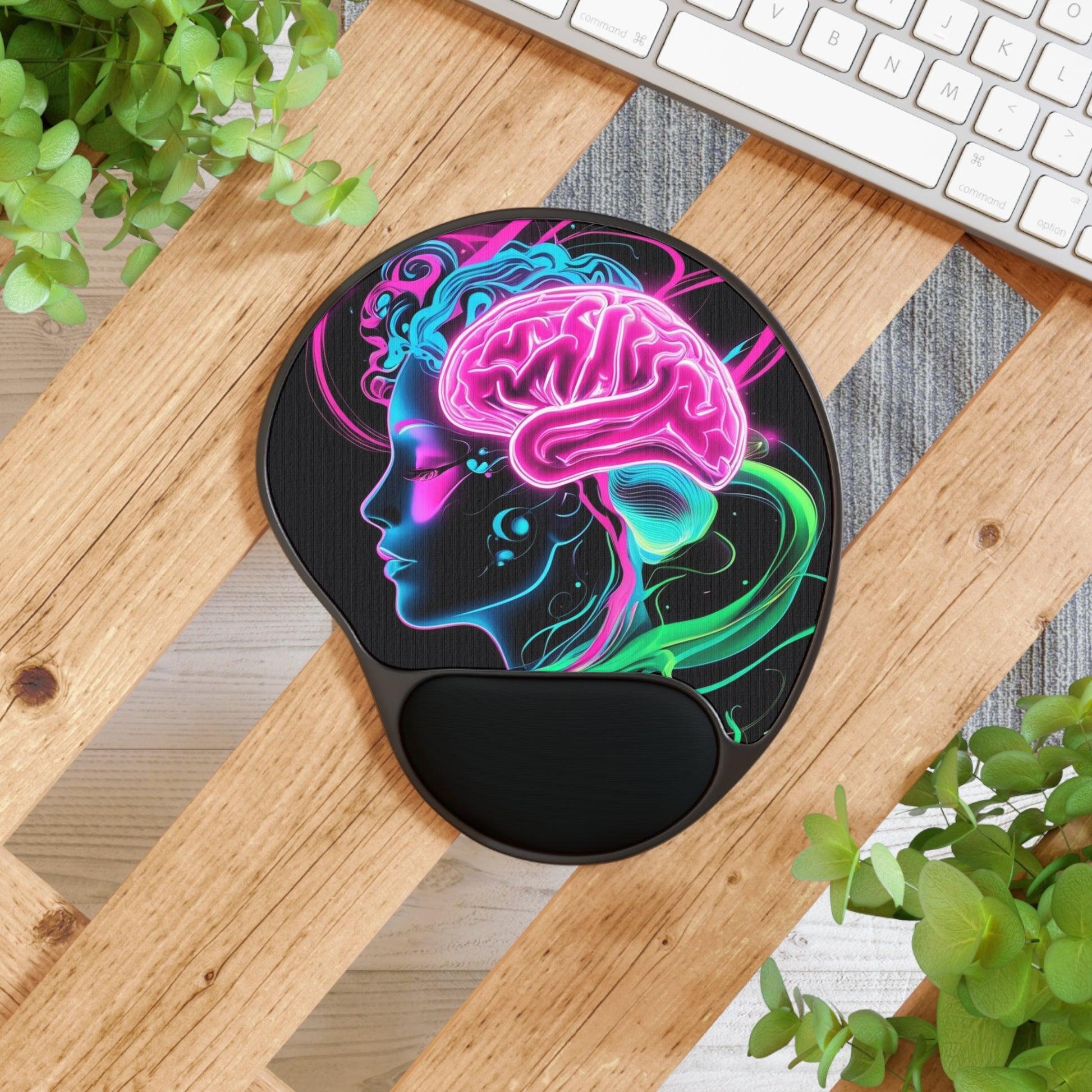 Neon Brain Art Mouse Pad with Wrist Rest, Colorful Desk Accessory, Gamer Gifts, Office Decor, Stress Relief, Unique Workstation