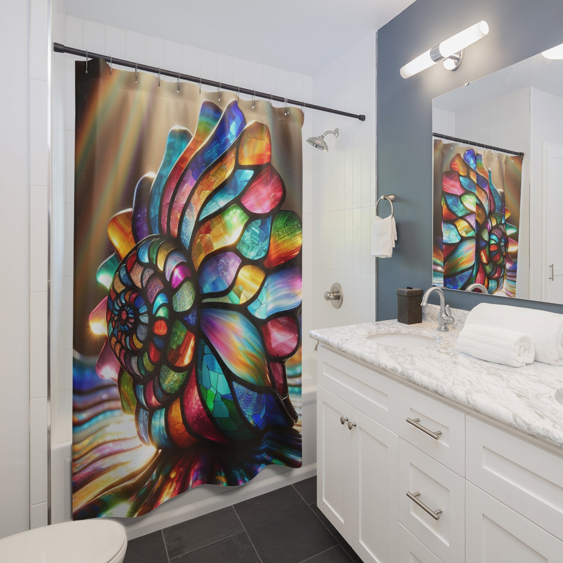 Vibrant Stained Glass Shower Curtain, Colorful Nautilus Design for Bathroom Decor, Boho Home Accent, Gift for Art Lovers, Unique [...]