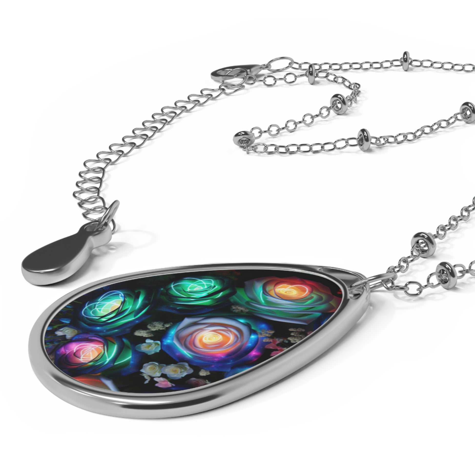 Colorful Floral Oval Necklace, Dainty Pendant, Boho Jewelry, Gift for Her, Layering Necklace, Birthday Gift