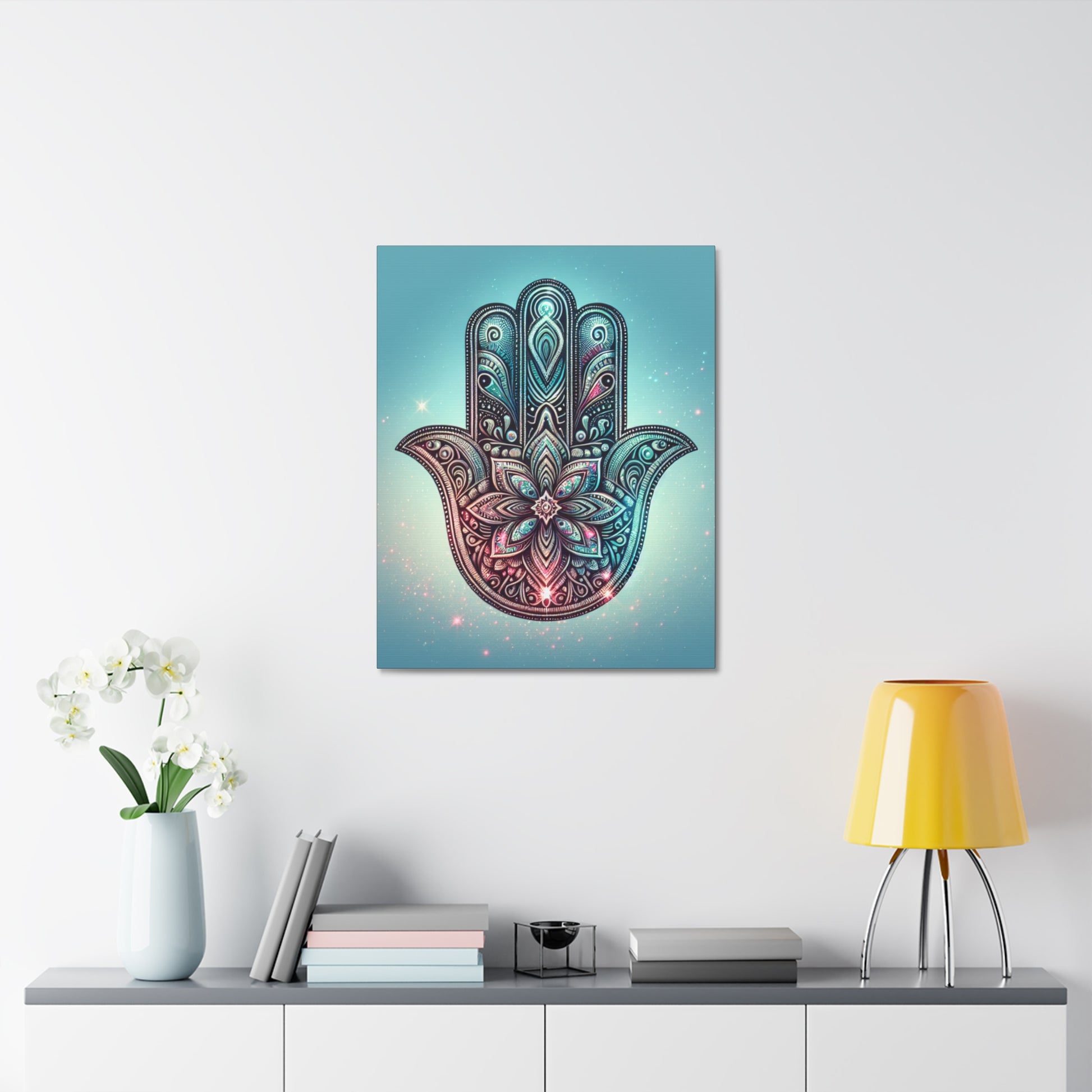 Bohemian Hamsa Hand Stretched Canvas Art, Spiritual Wall Décor, Meditation Gift, Home and Office Decoration, Colorful Mandala Design