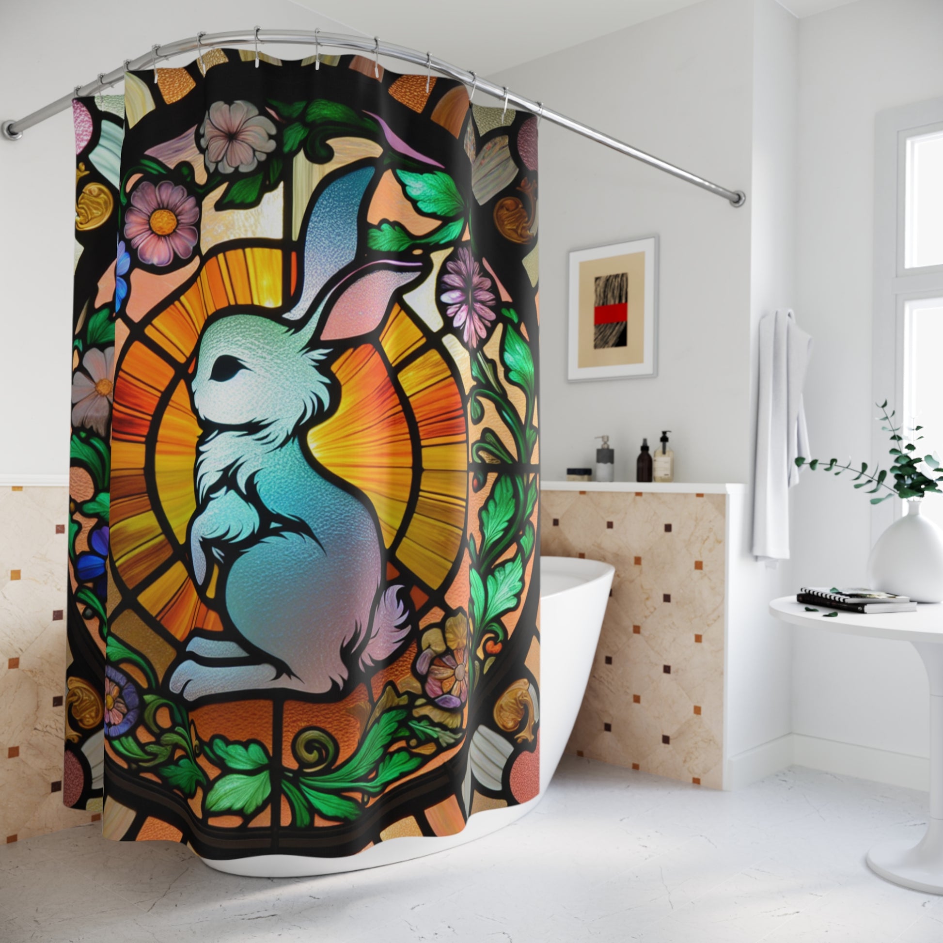 Stained Glass Bunny Shower Curtain, Easter Decor, Spring Home Accessories, Bathroom Art, Nature-Inspired Design