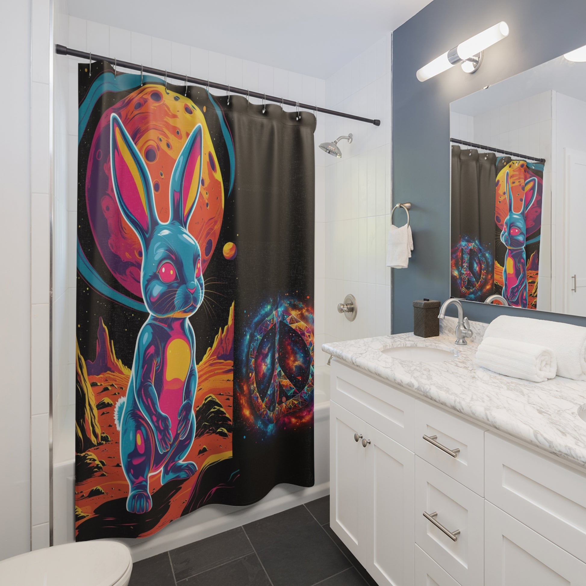 Vibrant Space Bunny Shower Curtain, Fun Bathroom Decor, Kids Room Accent, Unique Gift, Cosmic Art, 70s Retro Vibe