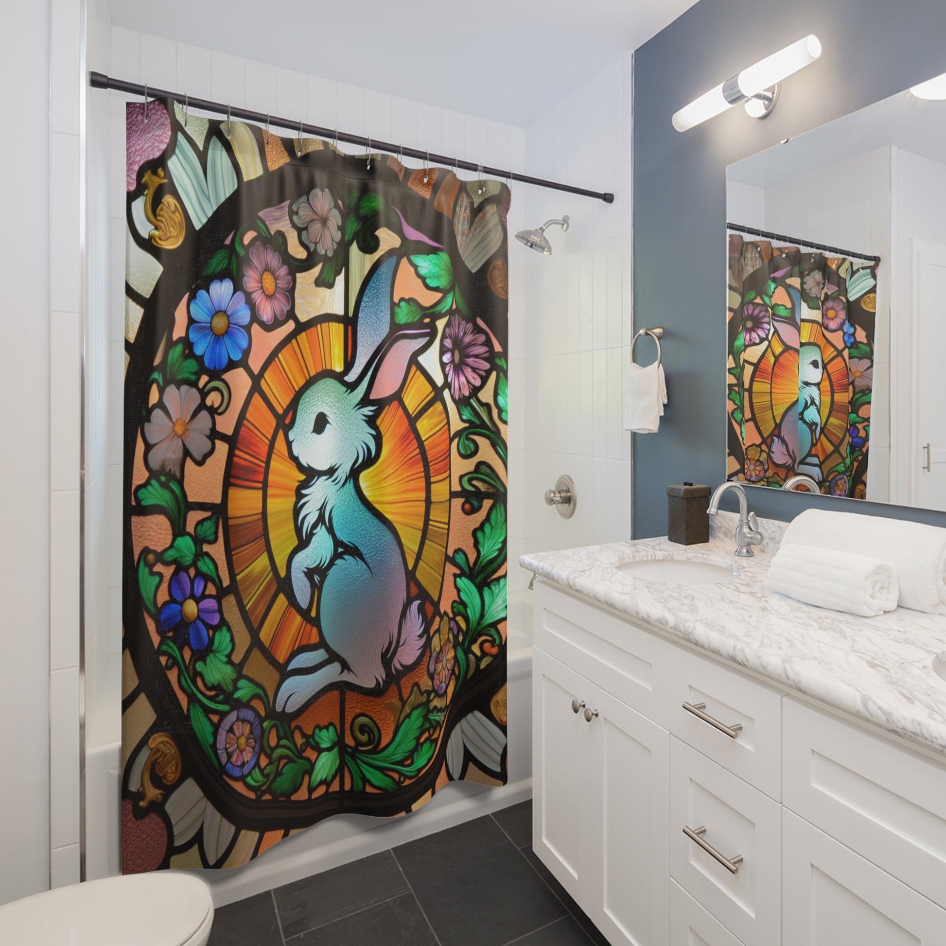 Stained Glass Bunny Shower Curtain, Easter Decor, Spring Home Accessories, Bathroom Art, Nature-Inspired Design