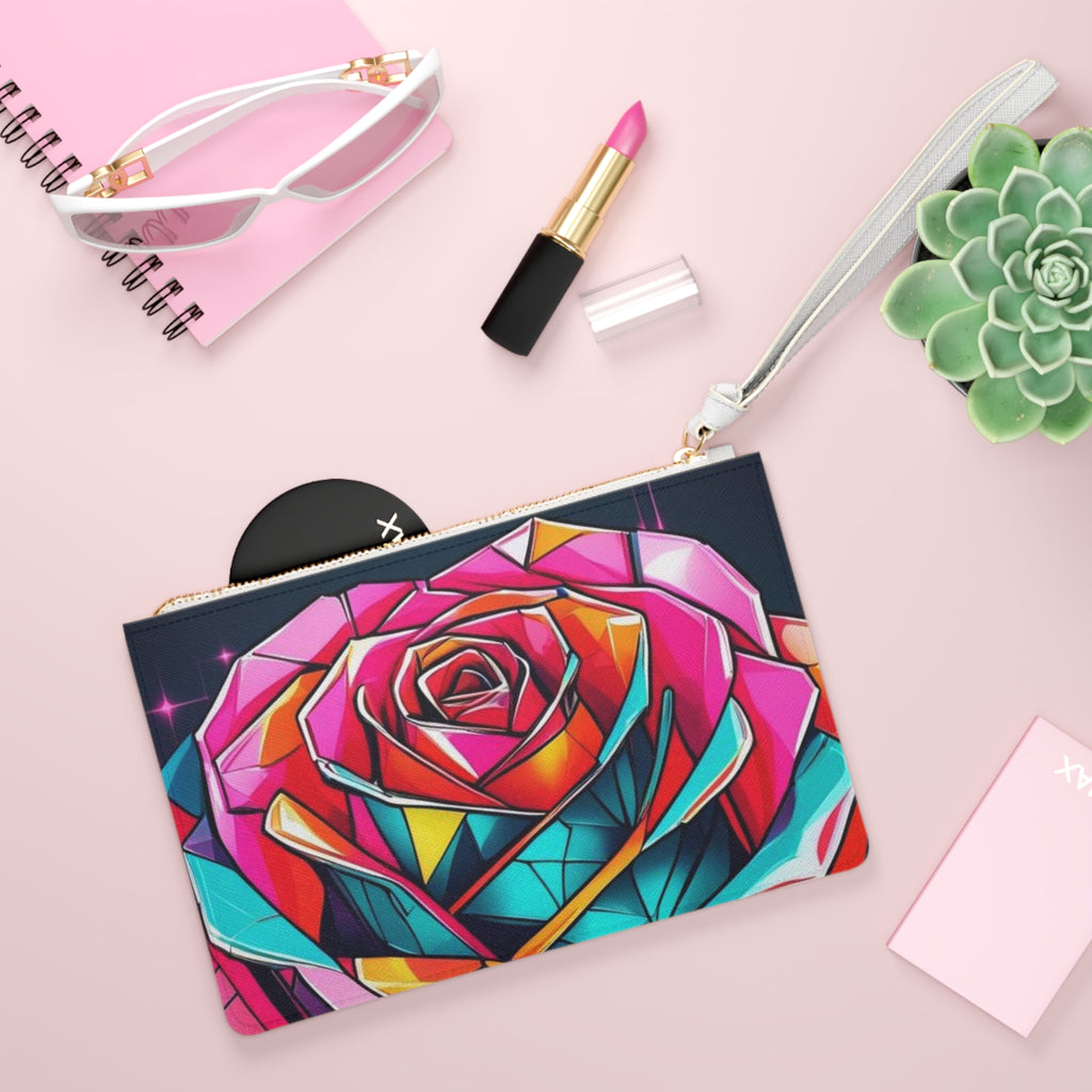 Vibrant Art Clutch Bag, Colorful Rose & Rocket Design, Unique Evening Bag, Perfect for Parties, Festivals and Gifts